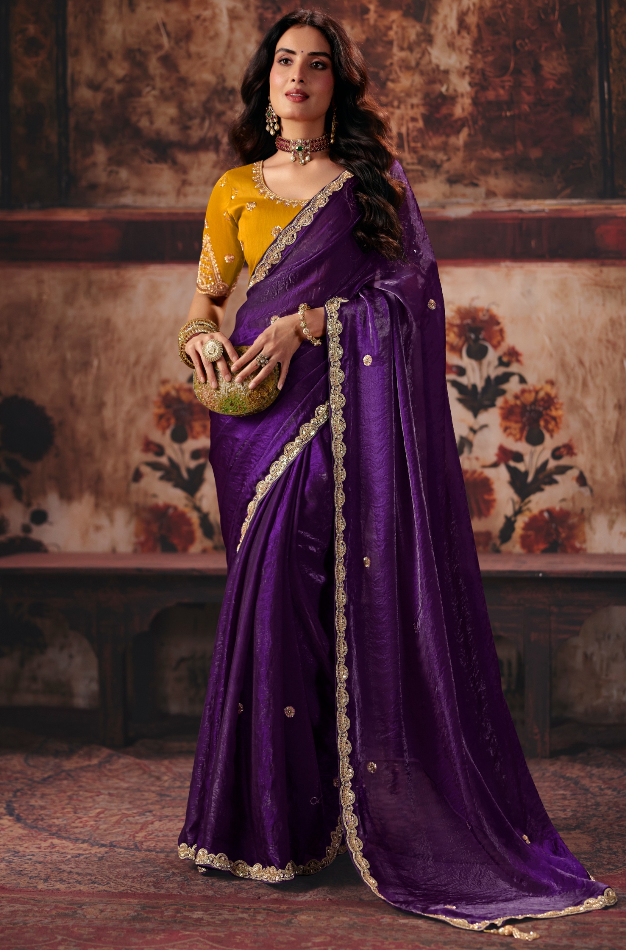 Violet Hand Work Fendy Satin Saree
