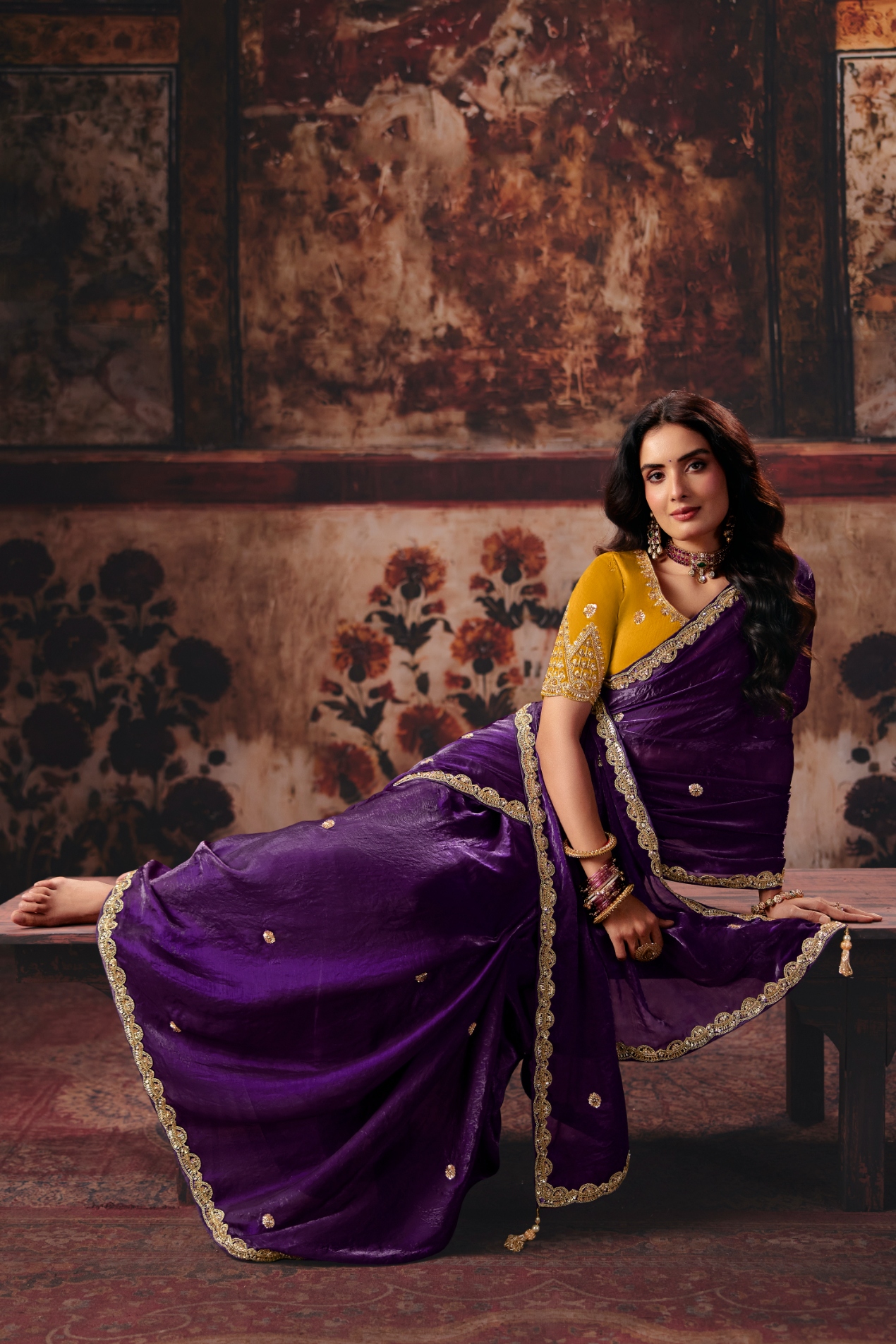 Violet Hand Work Fendy Satin Saree