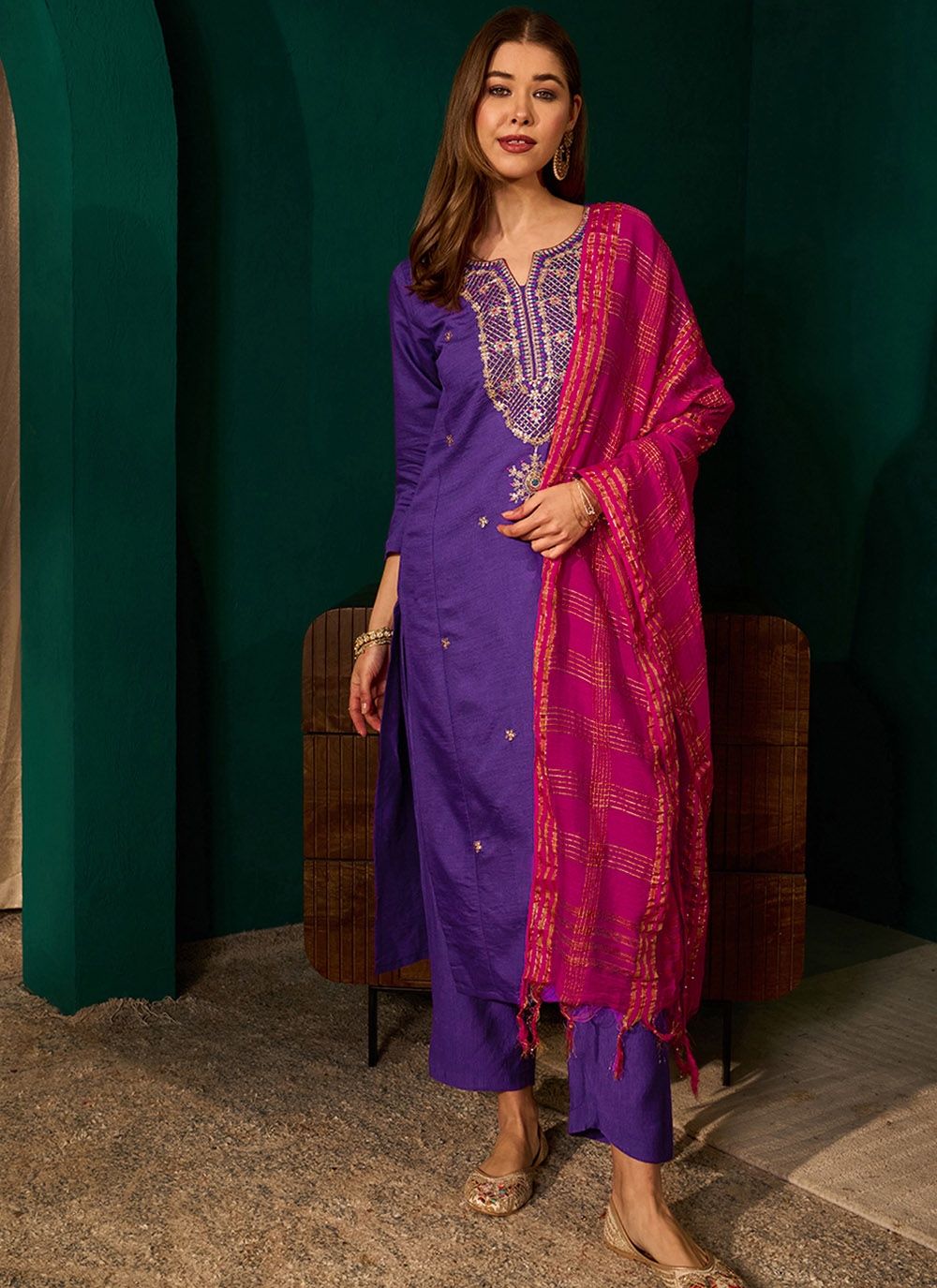 Violet Heritage Motif Embroidery Silk Slub Salwar Suit