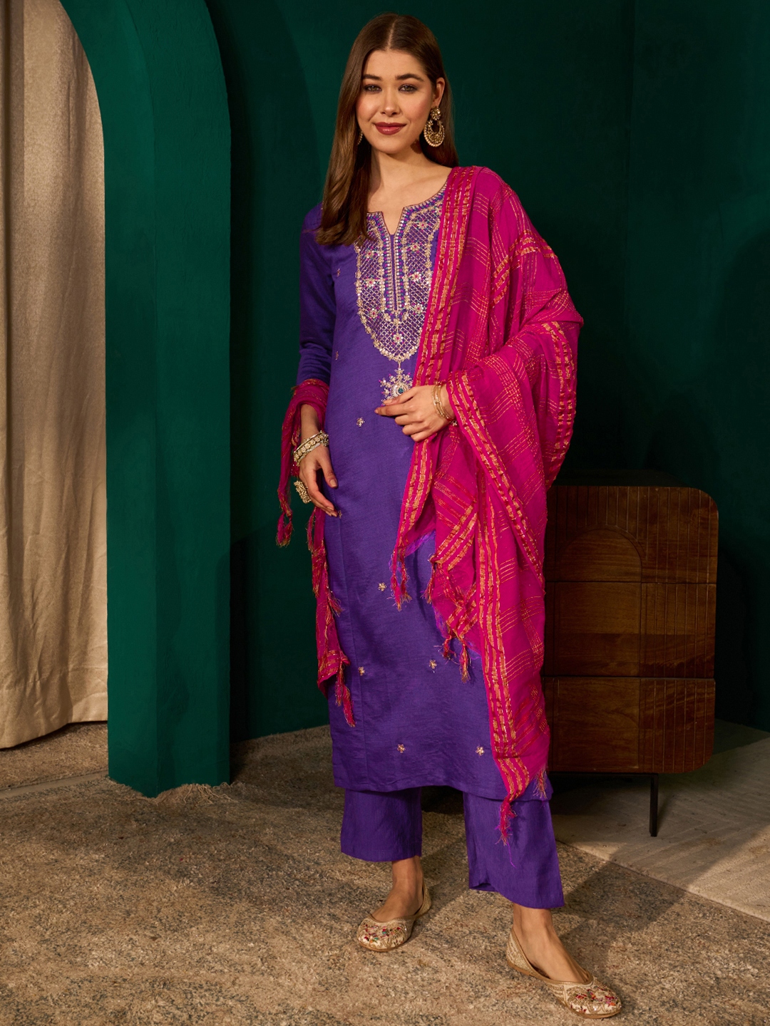 Violet Heritage Motif Embroidery Silk Slub Salwar Suit
