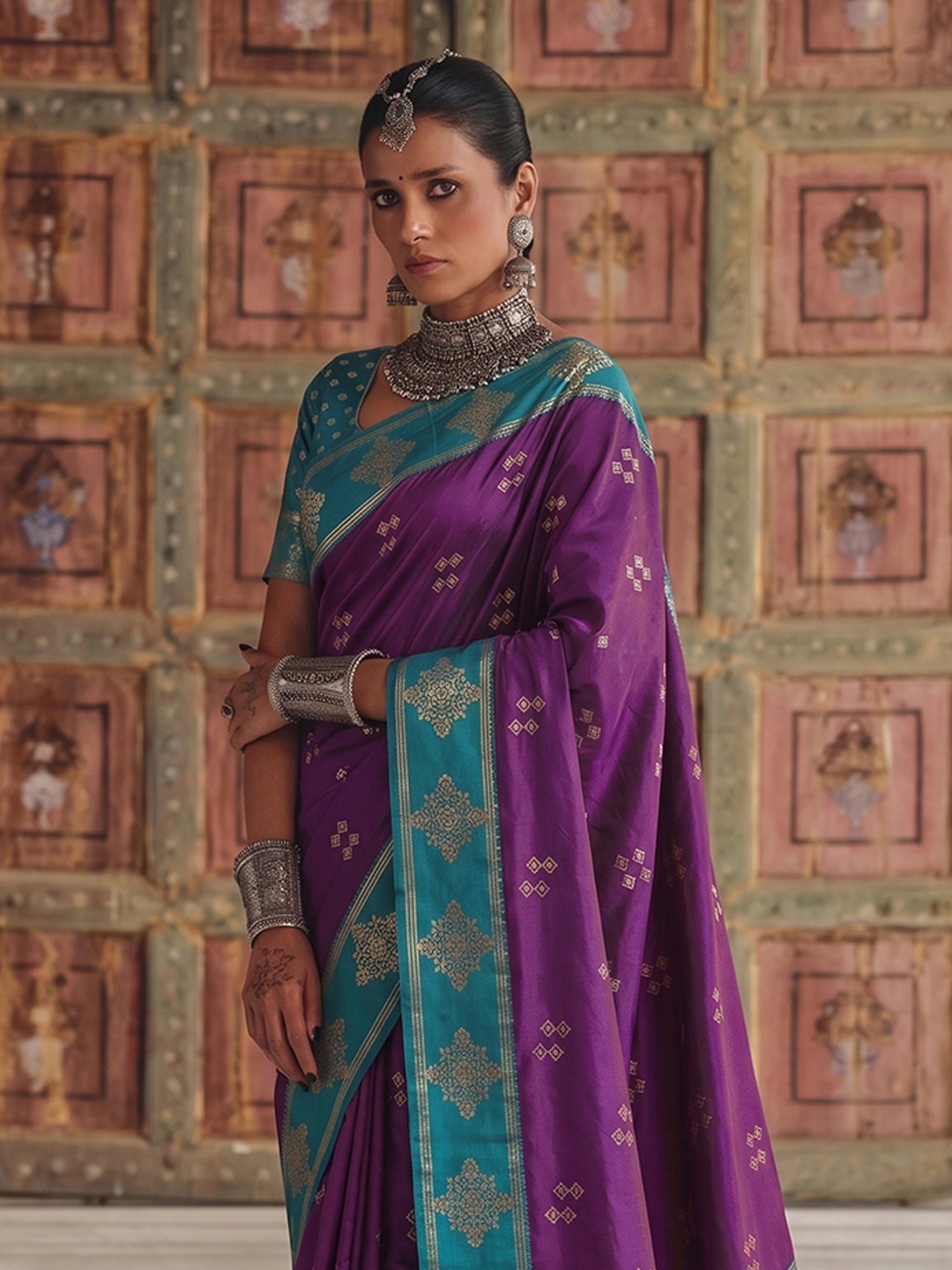 Violet Heritage Sequence Fendy Satin Saree — alternate view