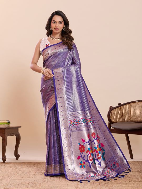 Violet Off White Soft Silk Zari Designer Saree