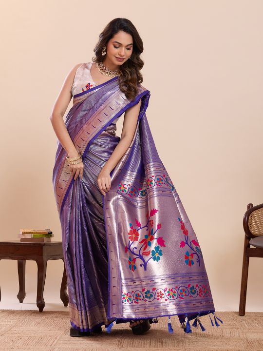 Violet Off White Soft Silk Zari Designer Saree