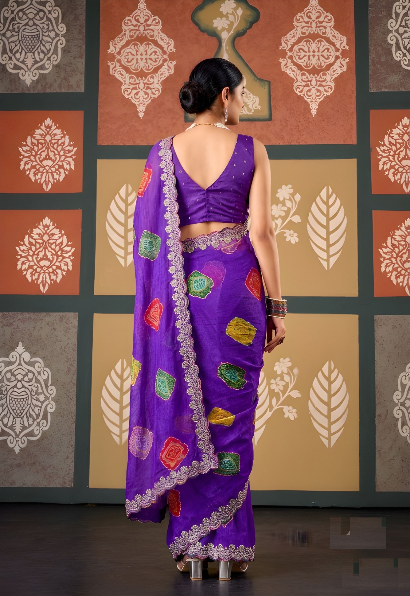 Violet Paisley Printed Embroidered Chiffon Saree — alternate view