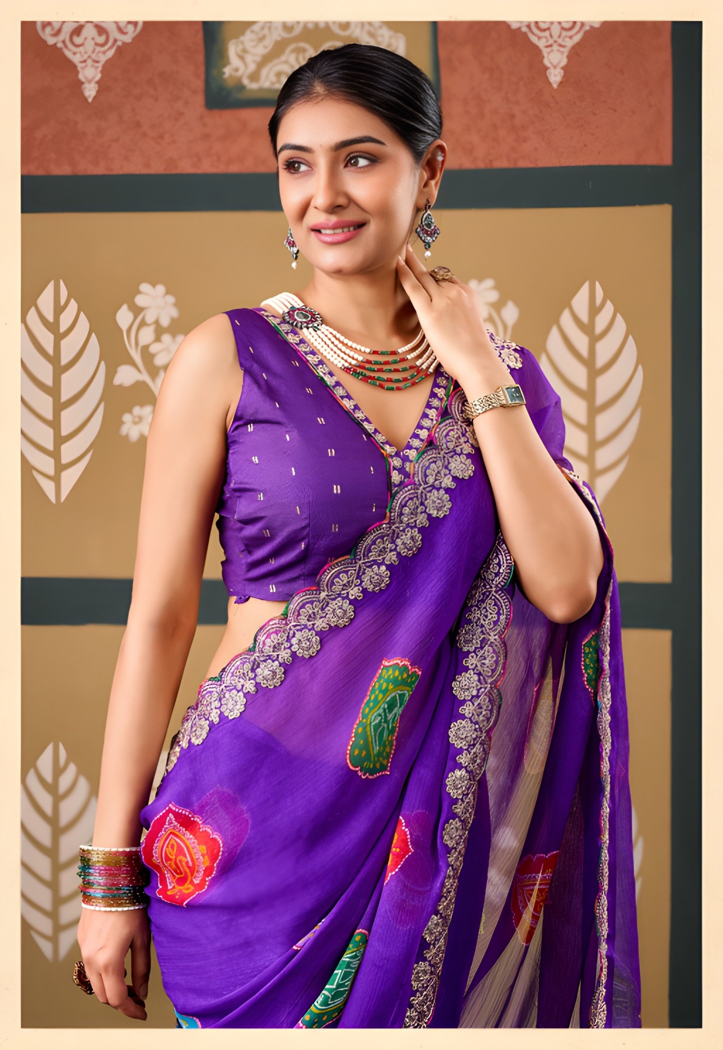 Violet Paisley Printed Embroidered Chiffon Saree
