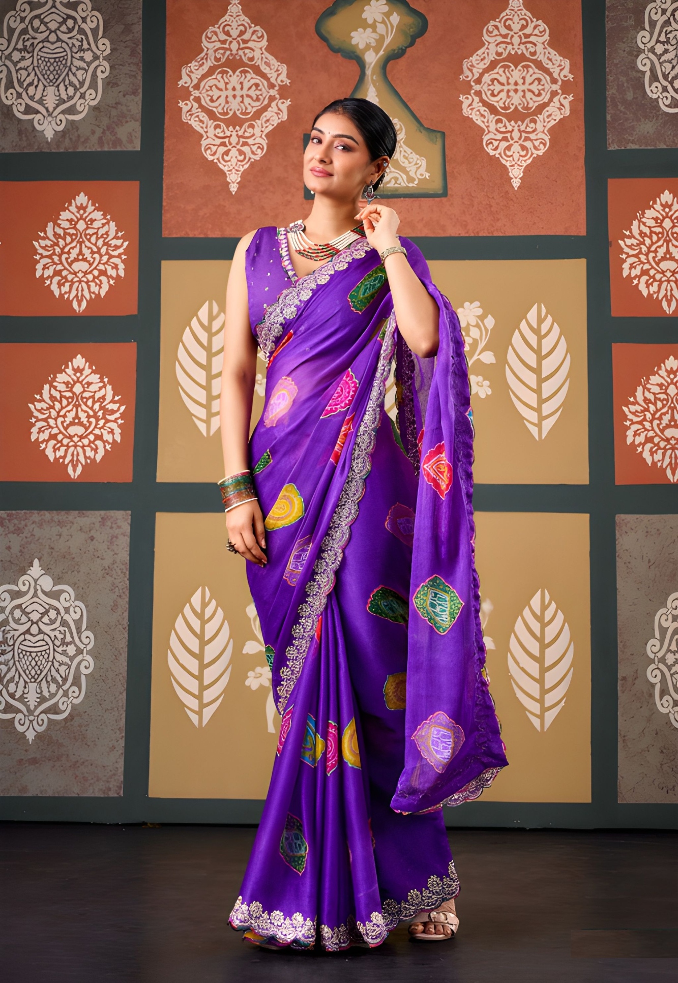 Violet Paisley Printed Embroidered Chiffon Saree