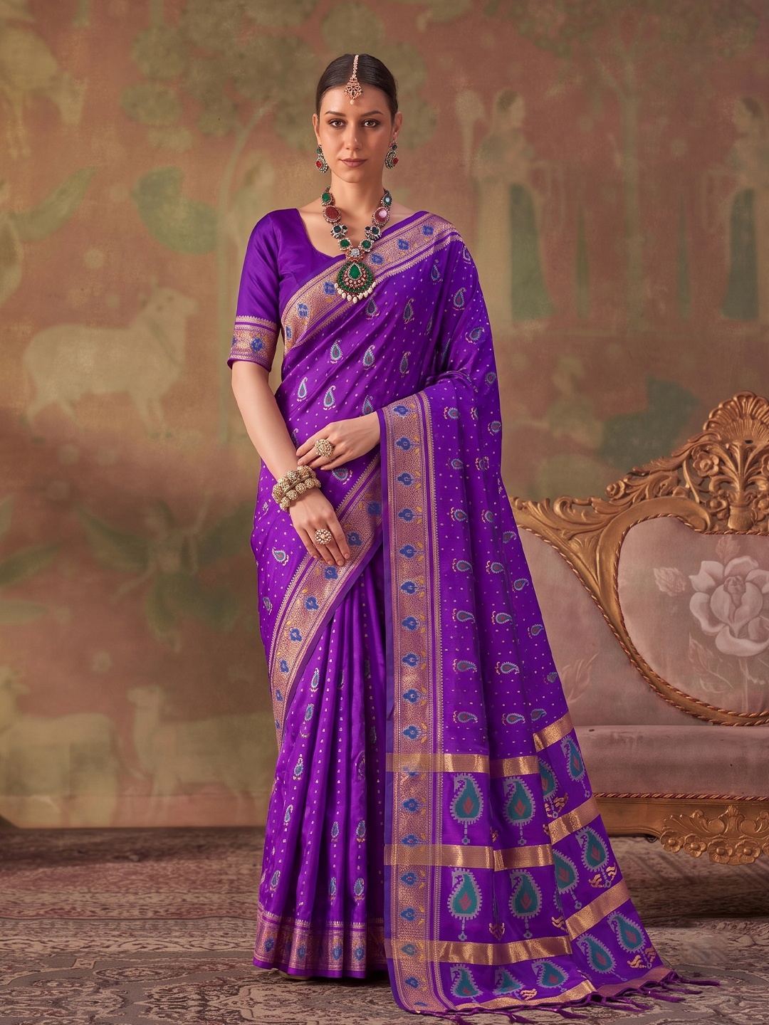 Violet Paisley Woven Soft Silk Saree