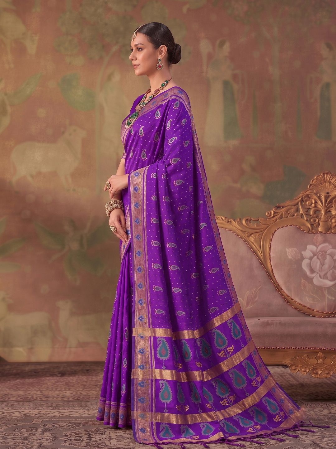 Violet Paisley Woven Soft Silk Saree