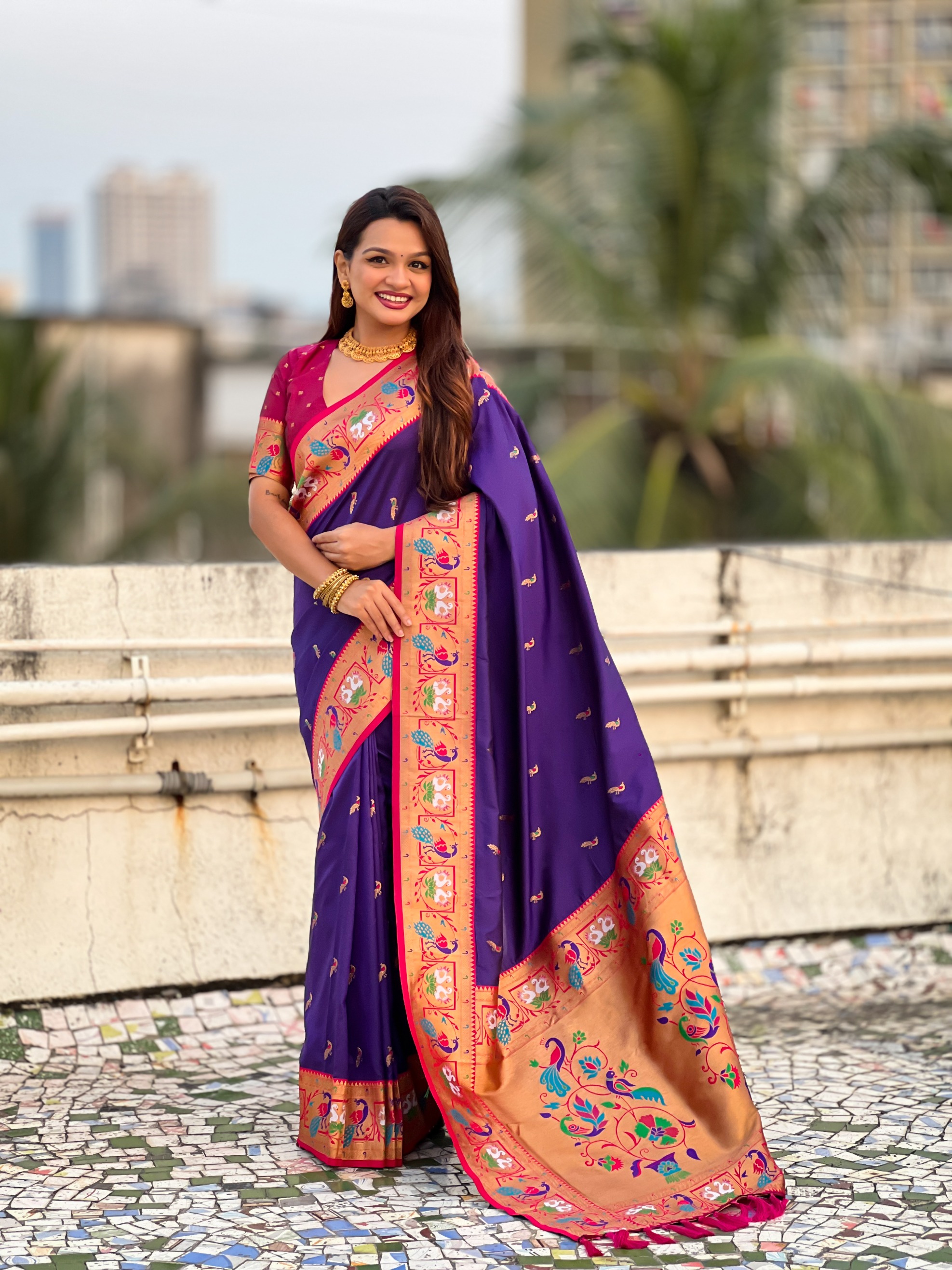 Violet Paithani Silk Saree with Pink Border