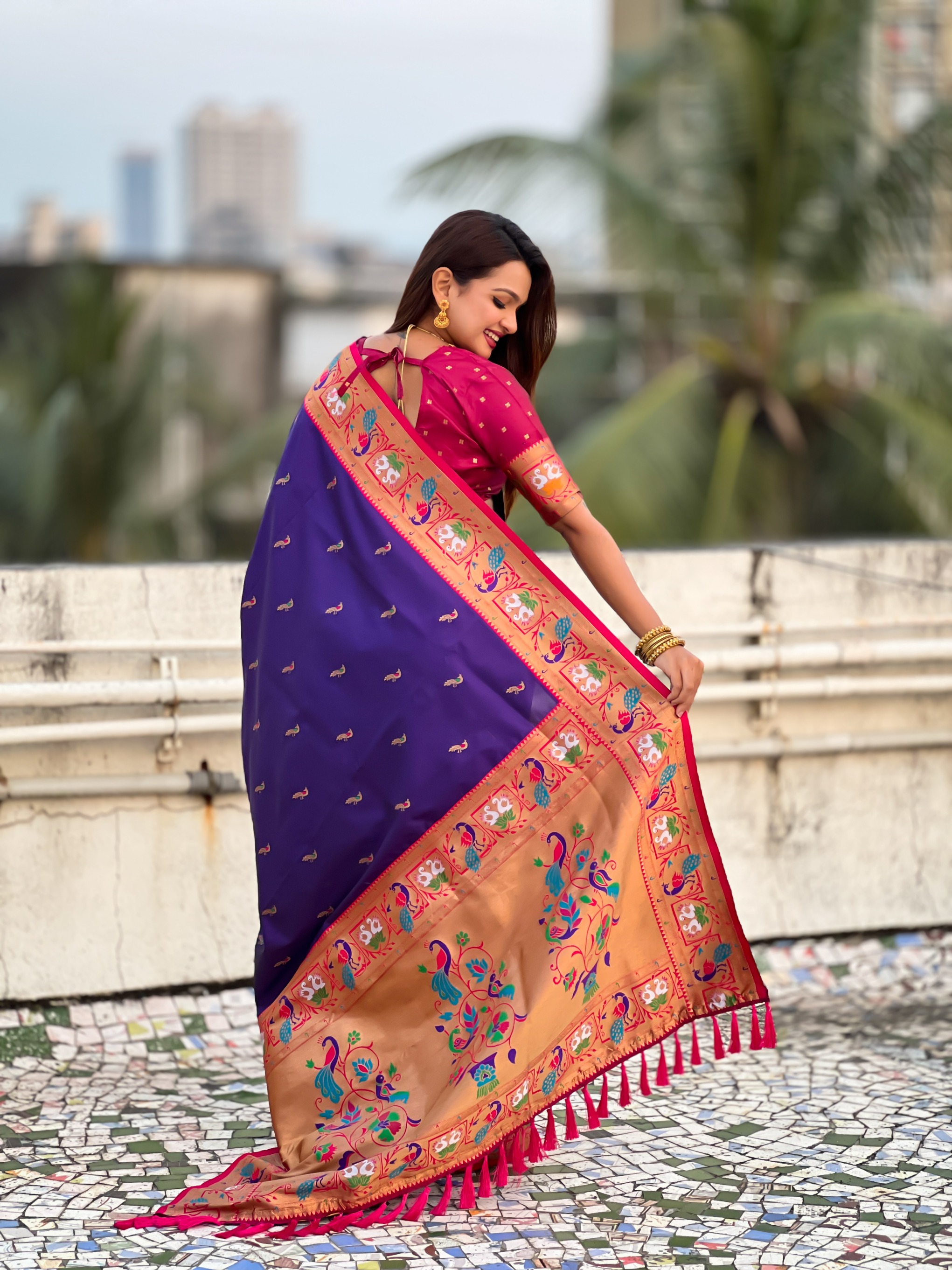 Violet Paithani Silk Saree with Pink Border — alternate view