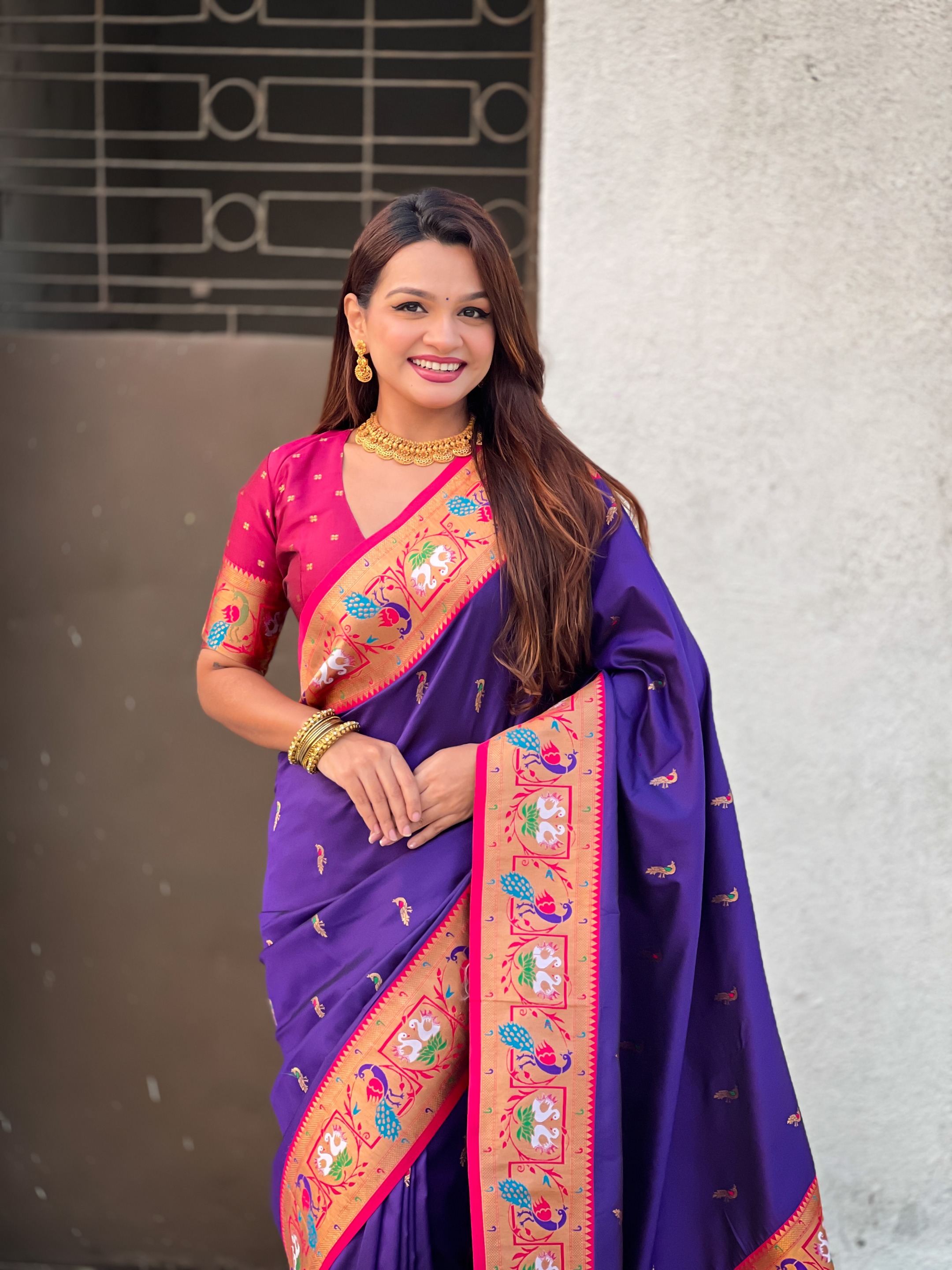 Violet Paithani Silk Saree with Pink Border