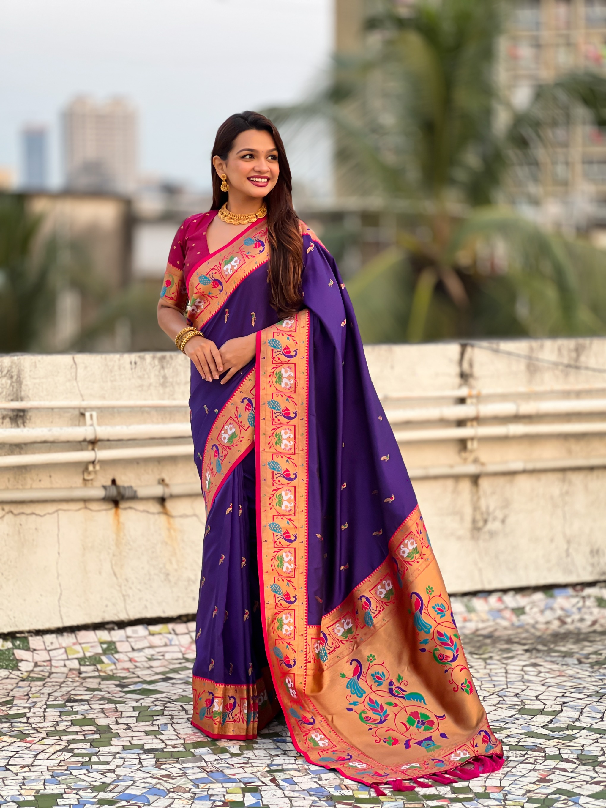 Violet Paithani Silk Saree with Pink Border