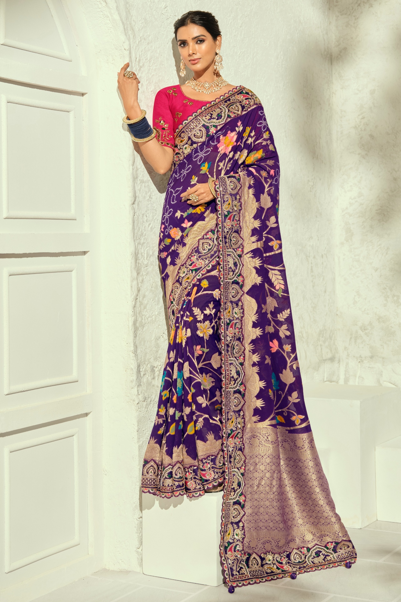 Violet Rani Pink Bandhej Moti Work Georgette Saree