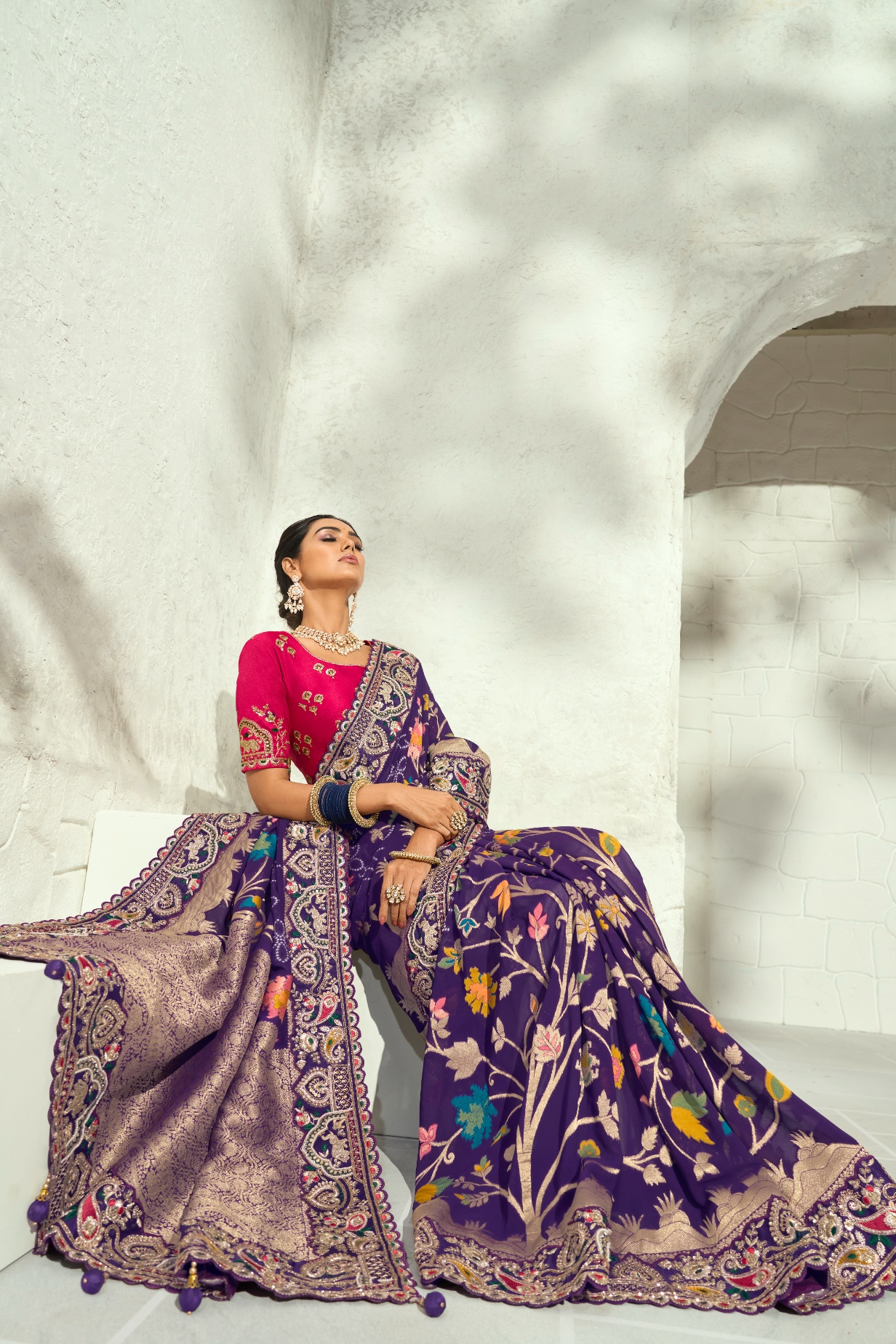 Violet Rani Pink Bandhej Moti Work Georgette Saree