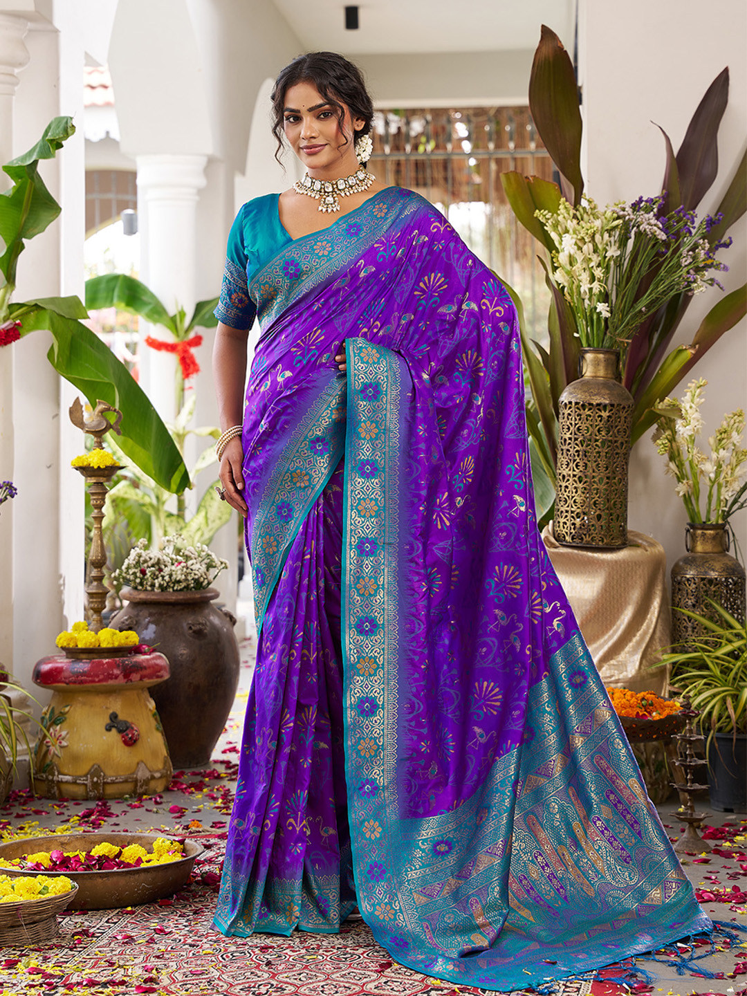 Violet Teal Blue Soft Silk Woven Saree