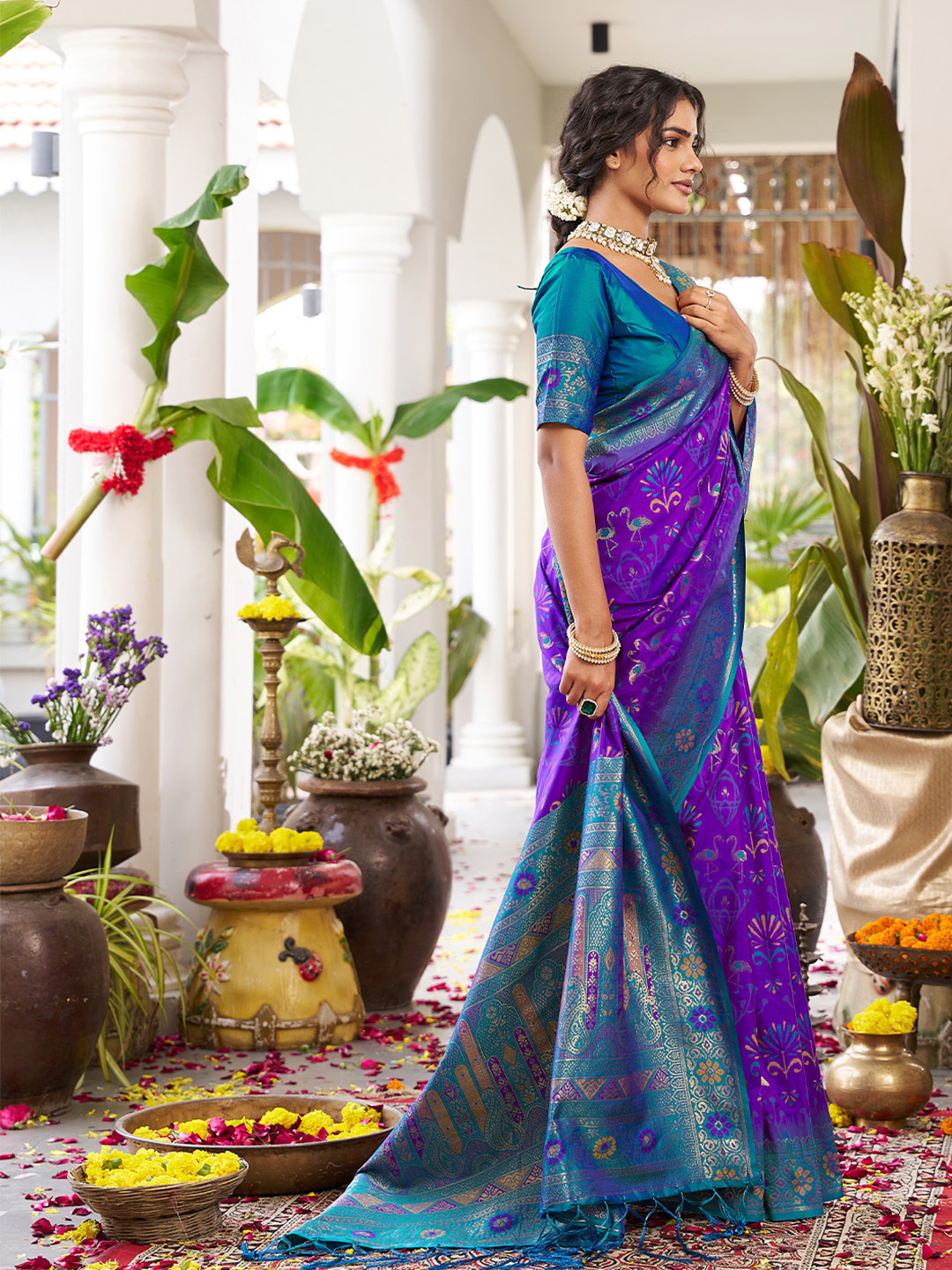 Violet Teal Blue Soft Silk Woven Saree