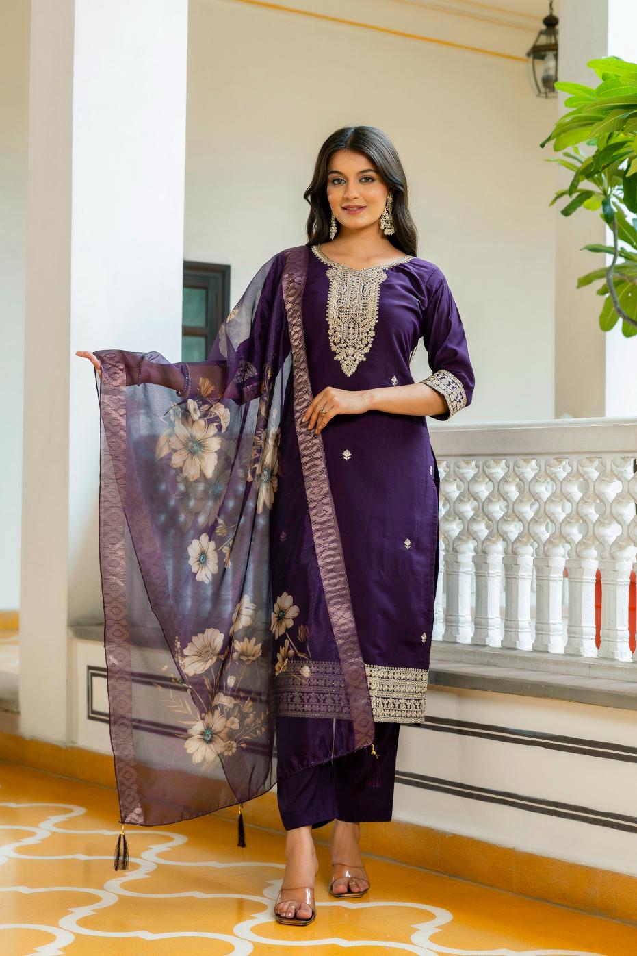 Violet Viscose Chanderi Straight Pant Suit