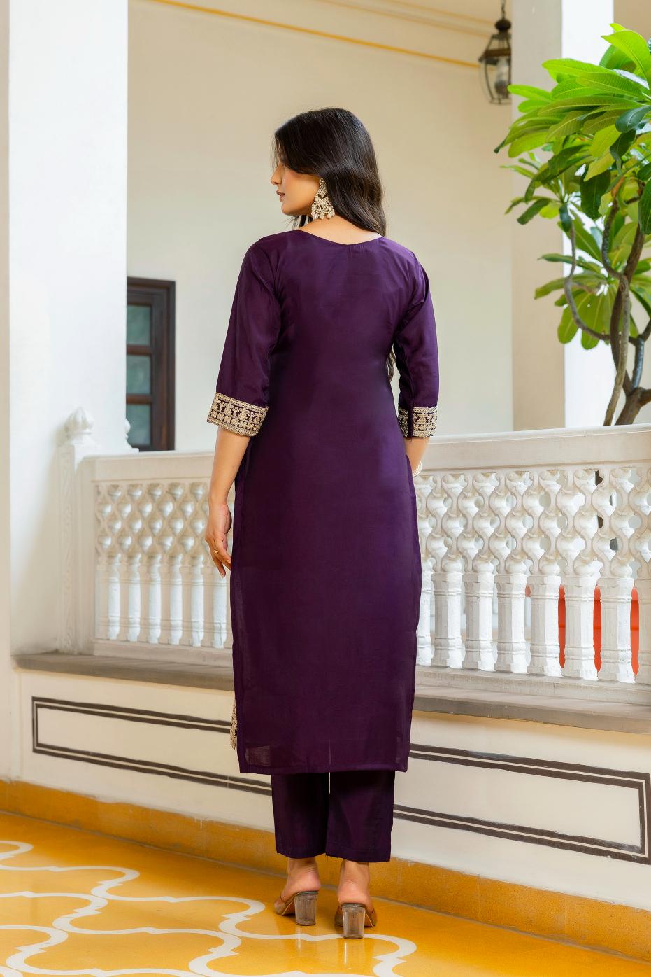 Violet Viscose Chanderi Straight Pant Suit — alternate view