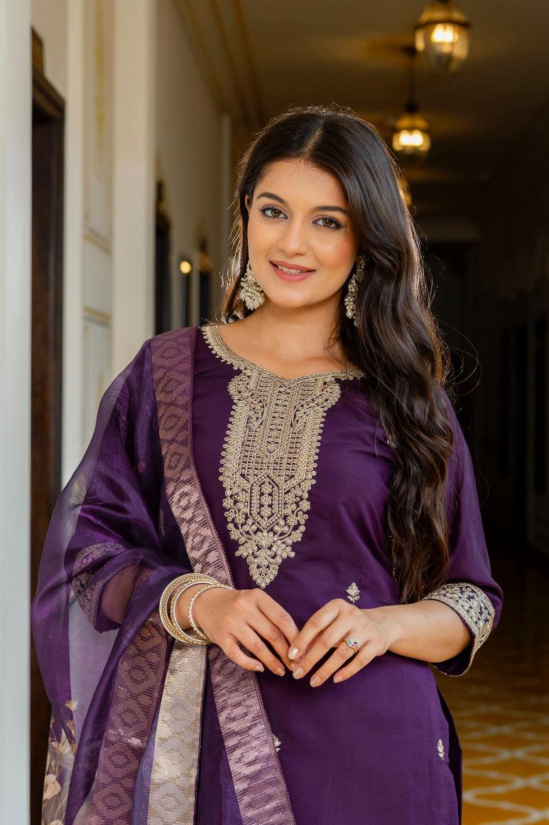 Violet Viscose Chanderi Straight Pant Suit