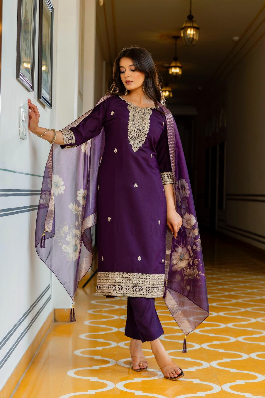 Violet Viscose Chanderi Straight Pant Suit