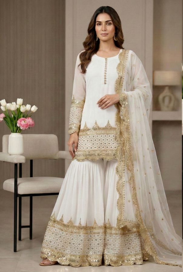 White 5mm Embroidered Heavy Faux Georgette Sharara Suit