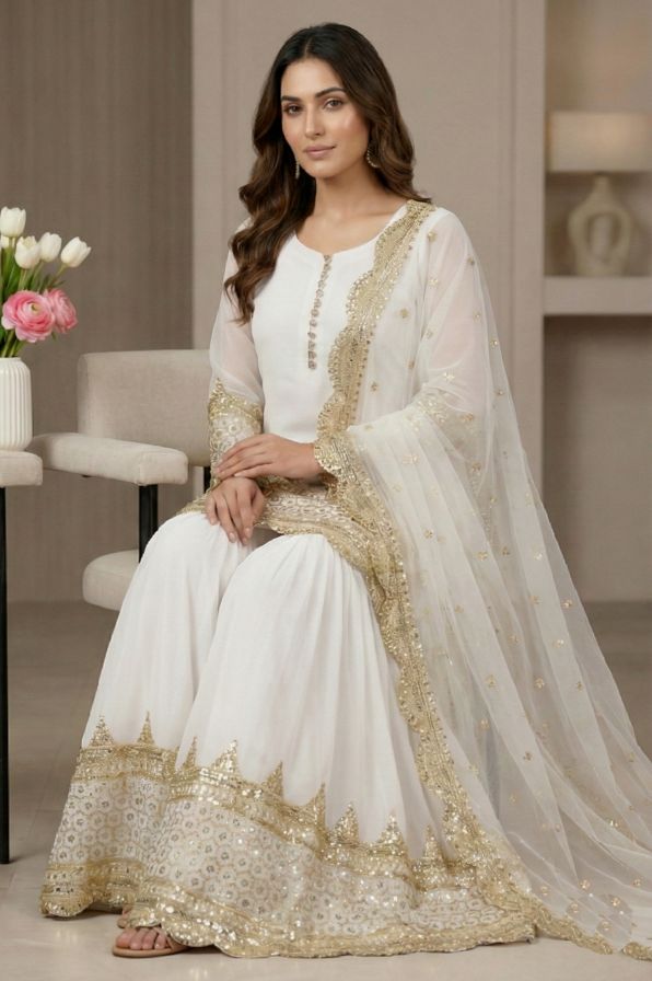 White 5mm Embroidered Heavy Faux Georgette Sharara Suit — alternate view