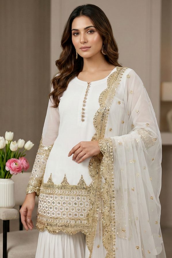 White 5mm Embroidered Heavy Faux Georgette Sharara Suit