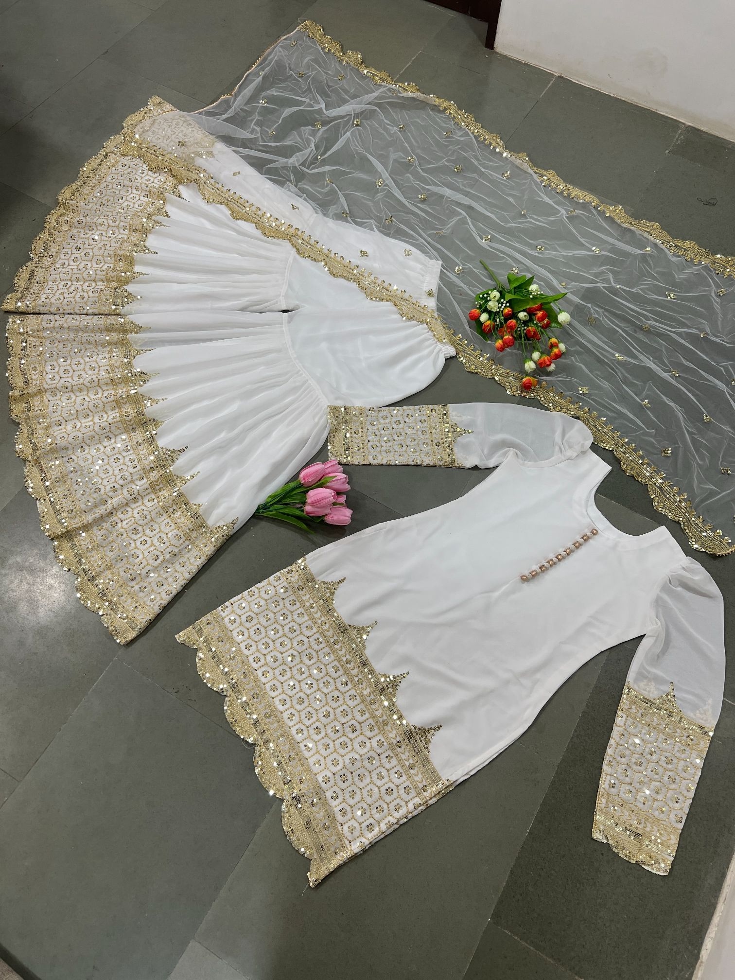 White 5mm Embroidered Heavy Faux Georgette Sharara Suit
