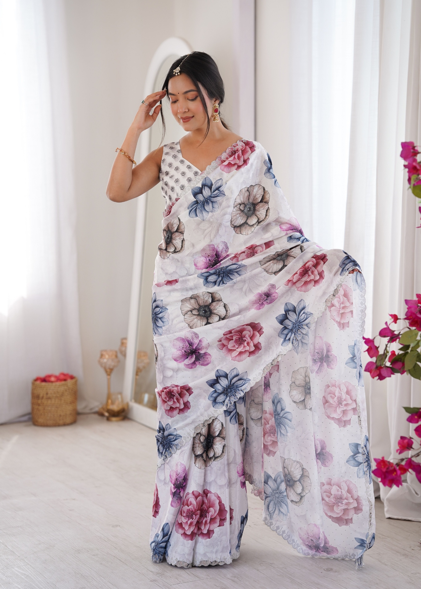 White Abstract Digital Printed Chinon Saree