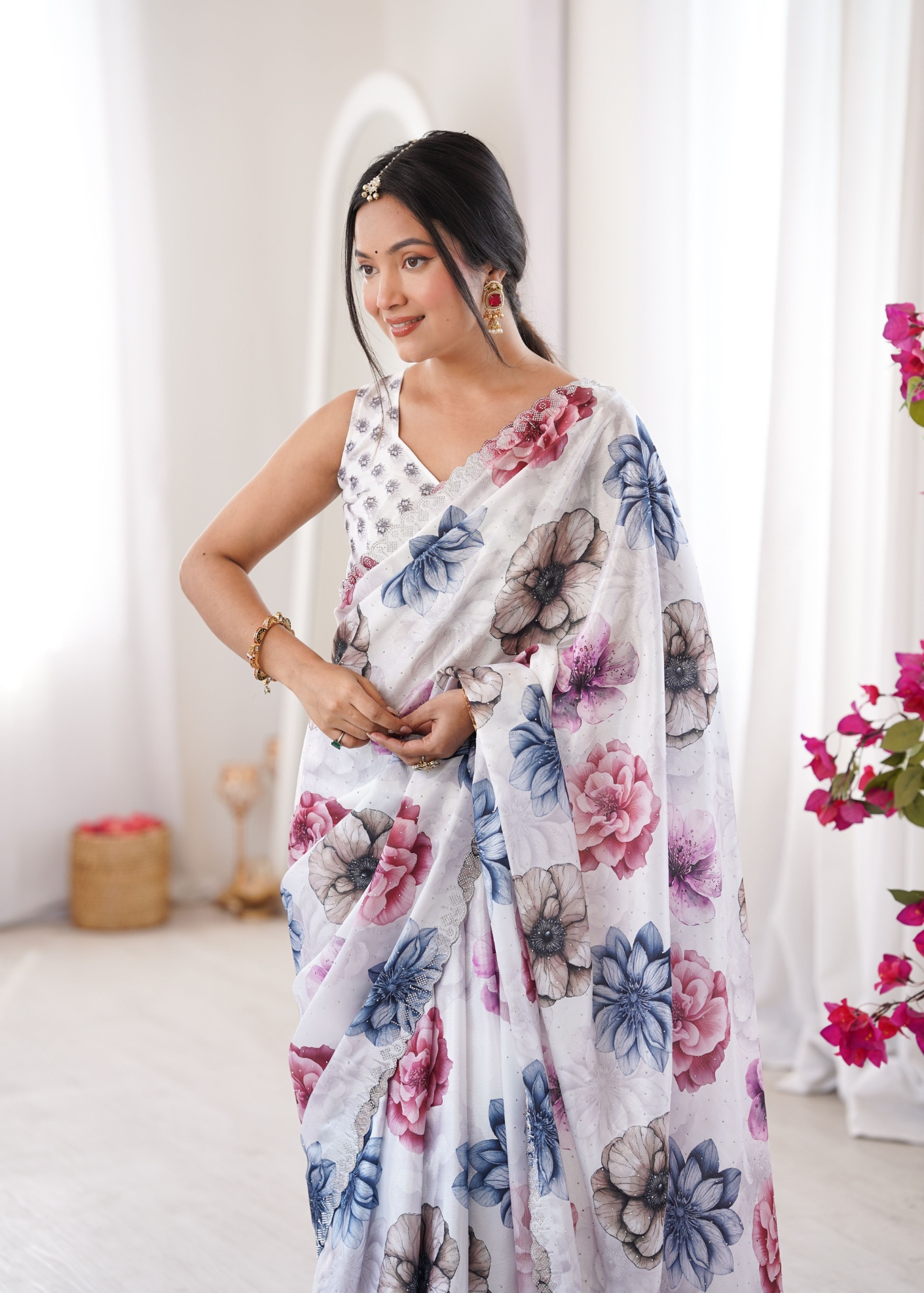 White Abstract Digital Printed Chinon Saree