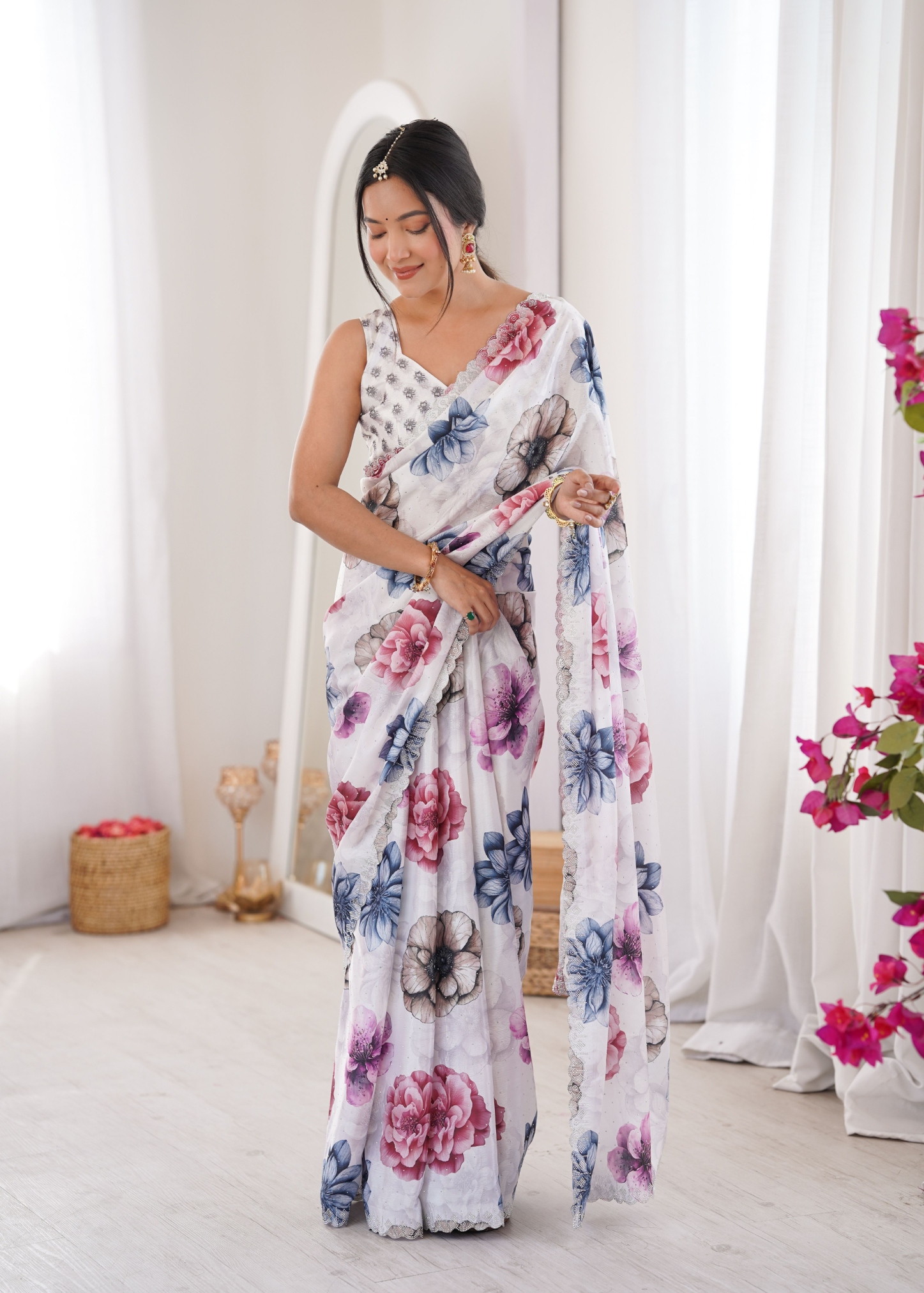 White Abstract Digital Printed Chinon Saree