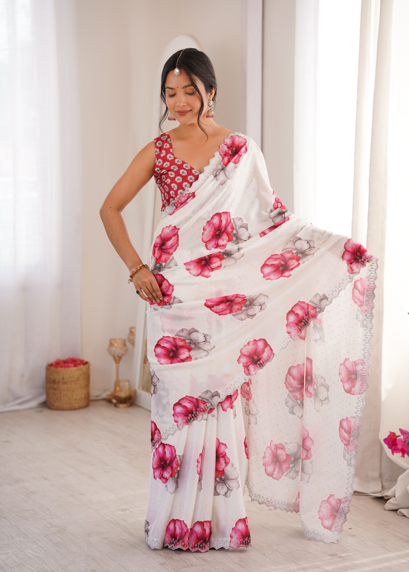 White Abstract Digital Printed Chinon Saree
