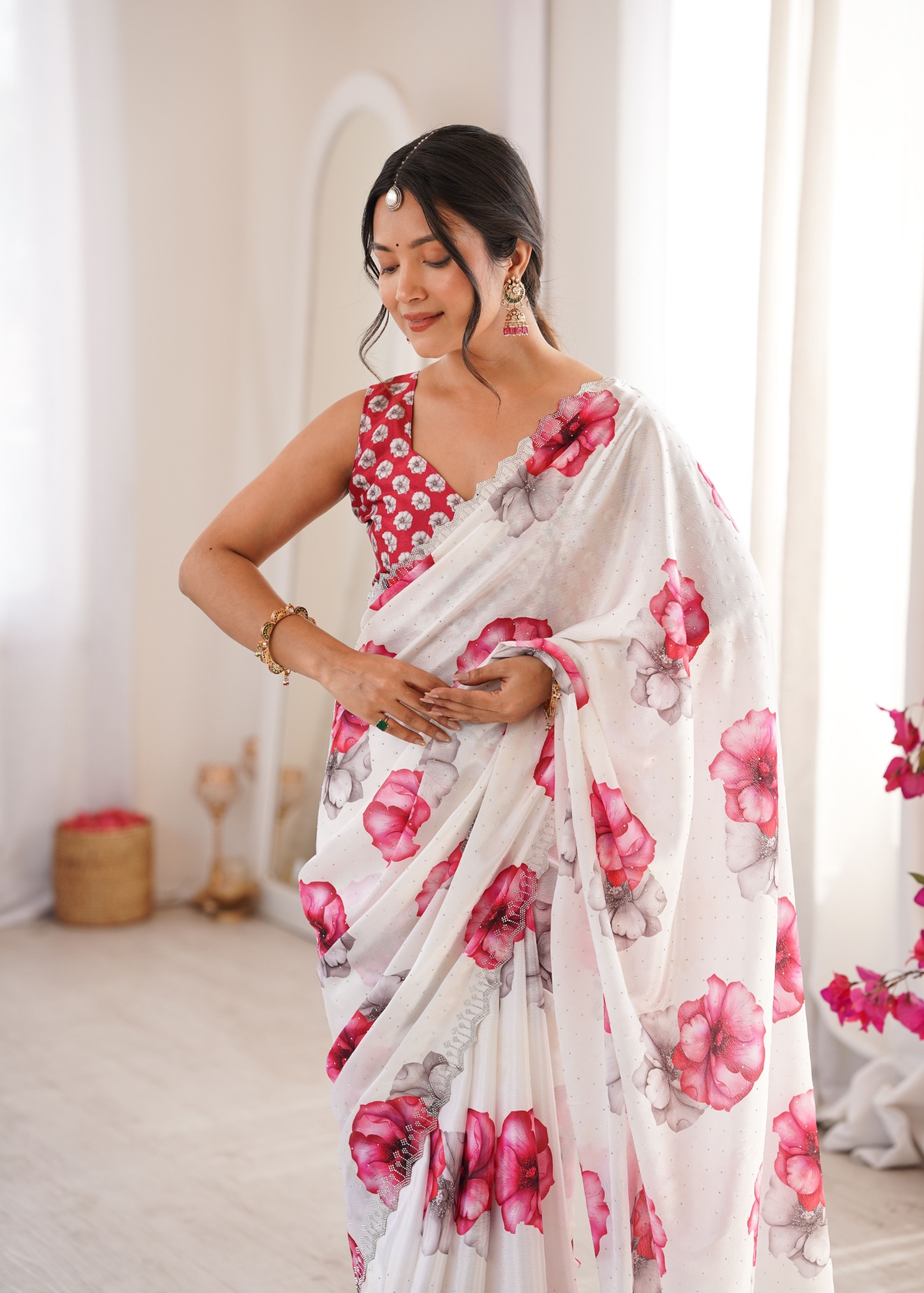 White Abstract Digital Printed Chinon Saree