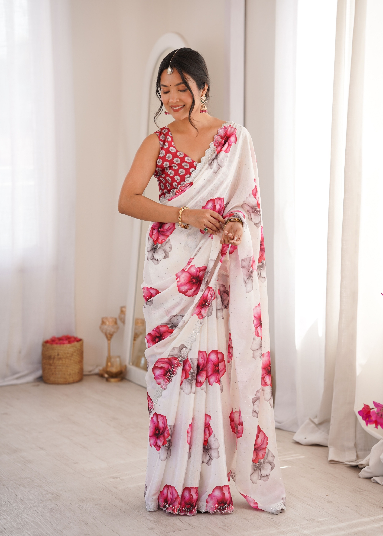 White Abstract Digital Printed Chinon Saree