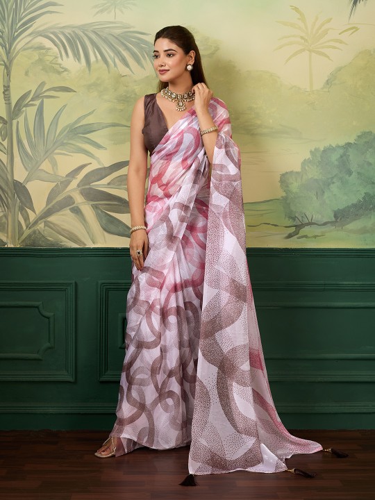 White Abstract Digital Printed Satin Silk Saree