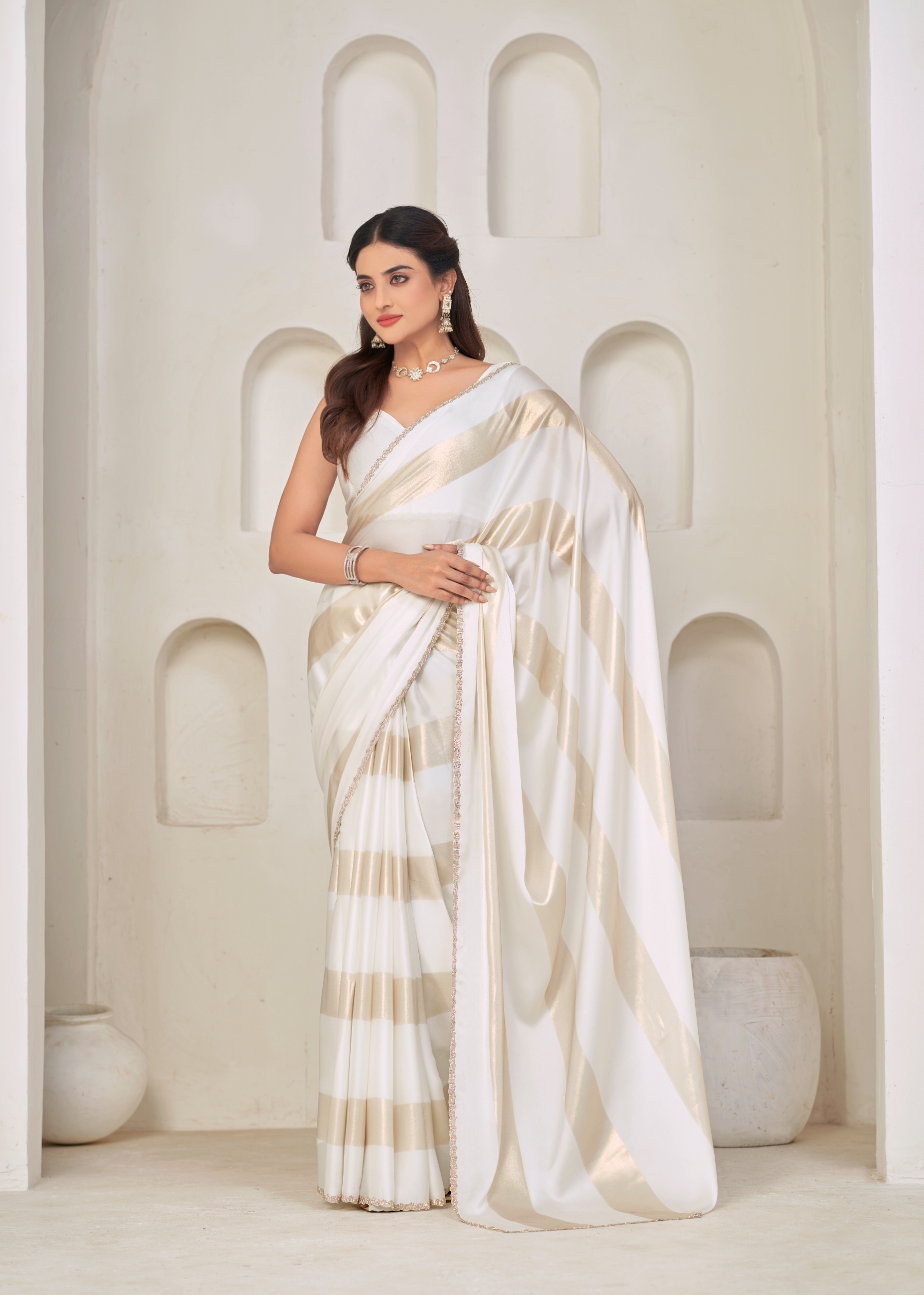 White Abstract Foil Satin Silk Saree