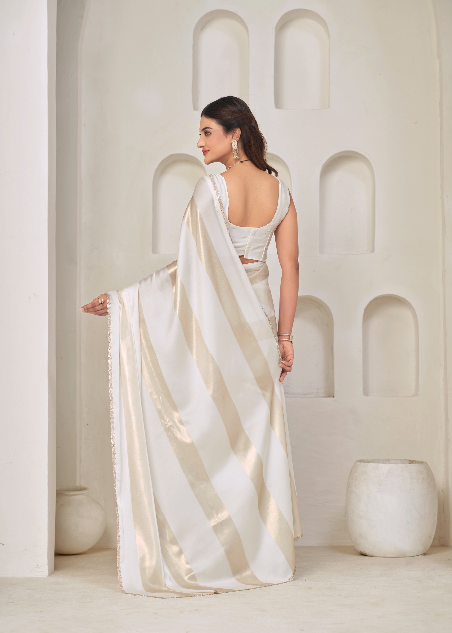 White Abstract Foil Satin Silk Saree — alternate view