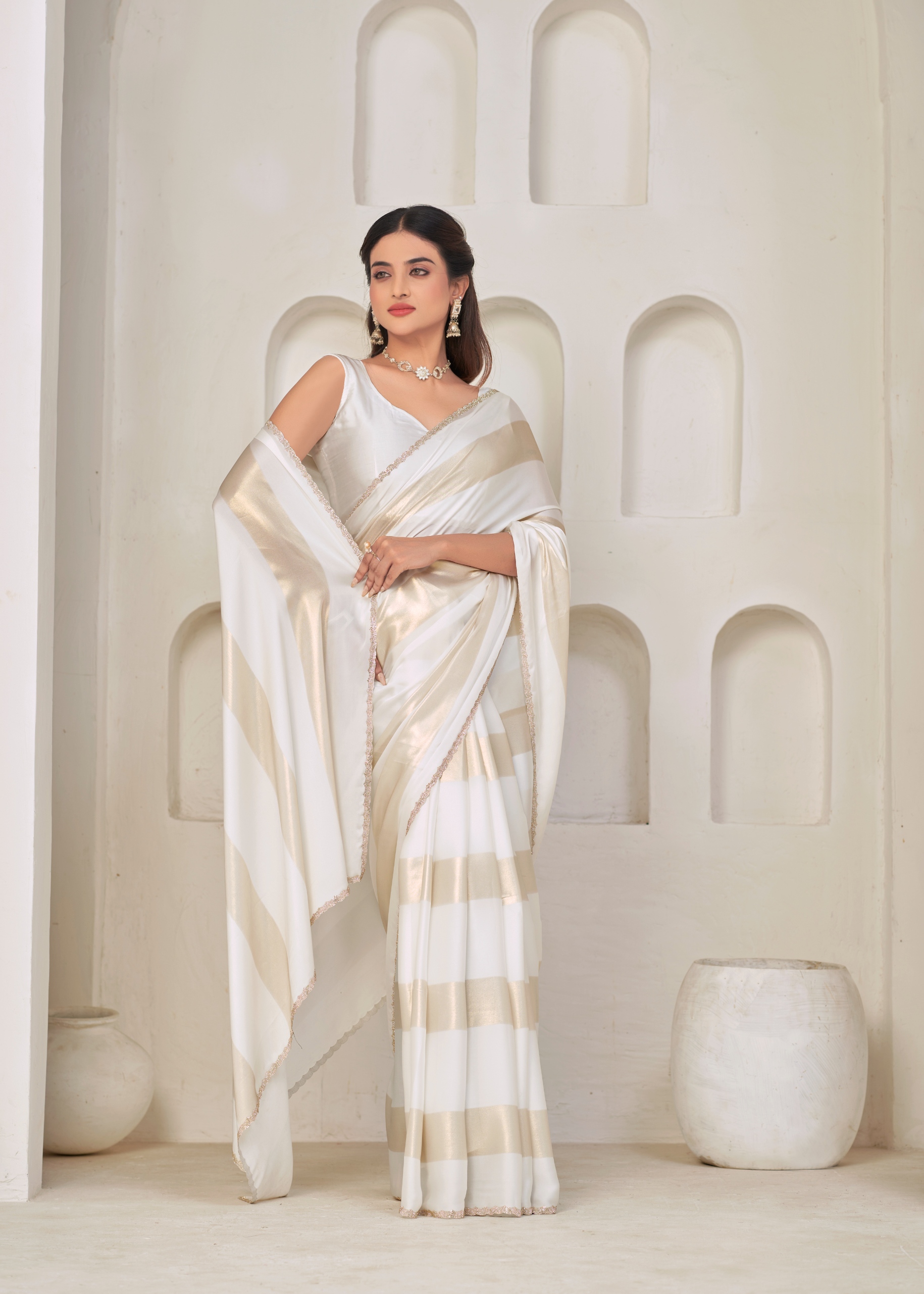 White Abstract Foil Satin Silk Saree