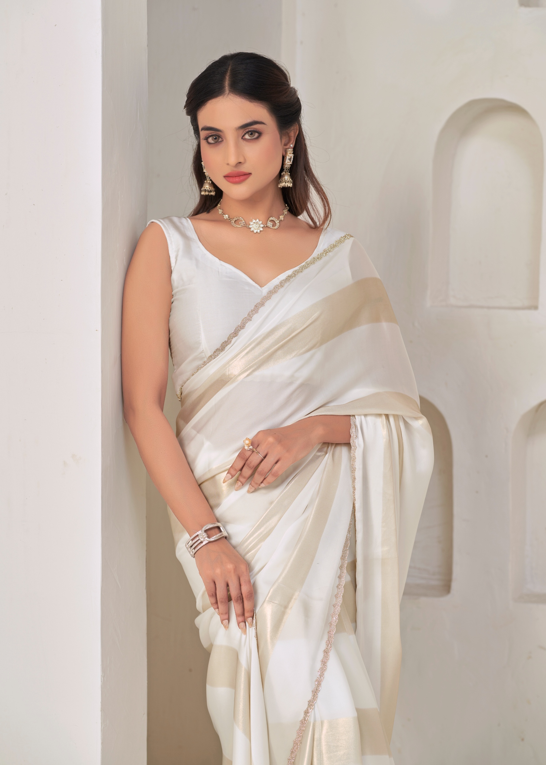 White Abstract Foil Satin Silk Saree