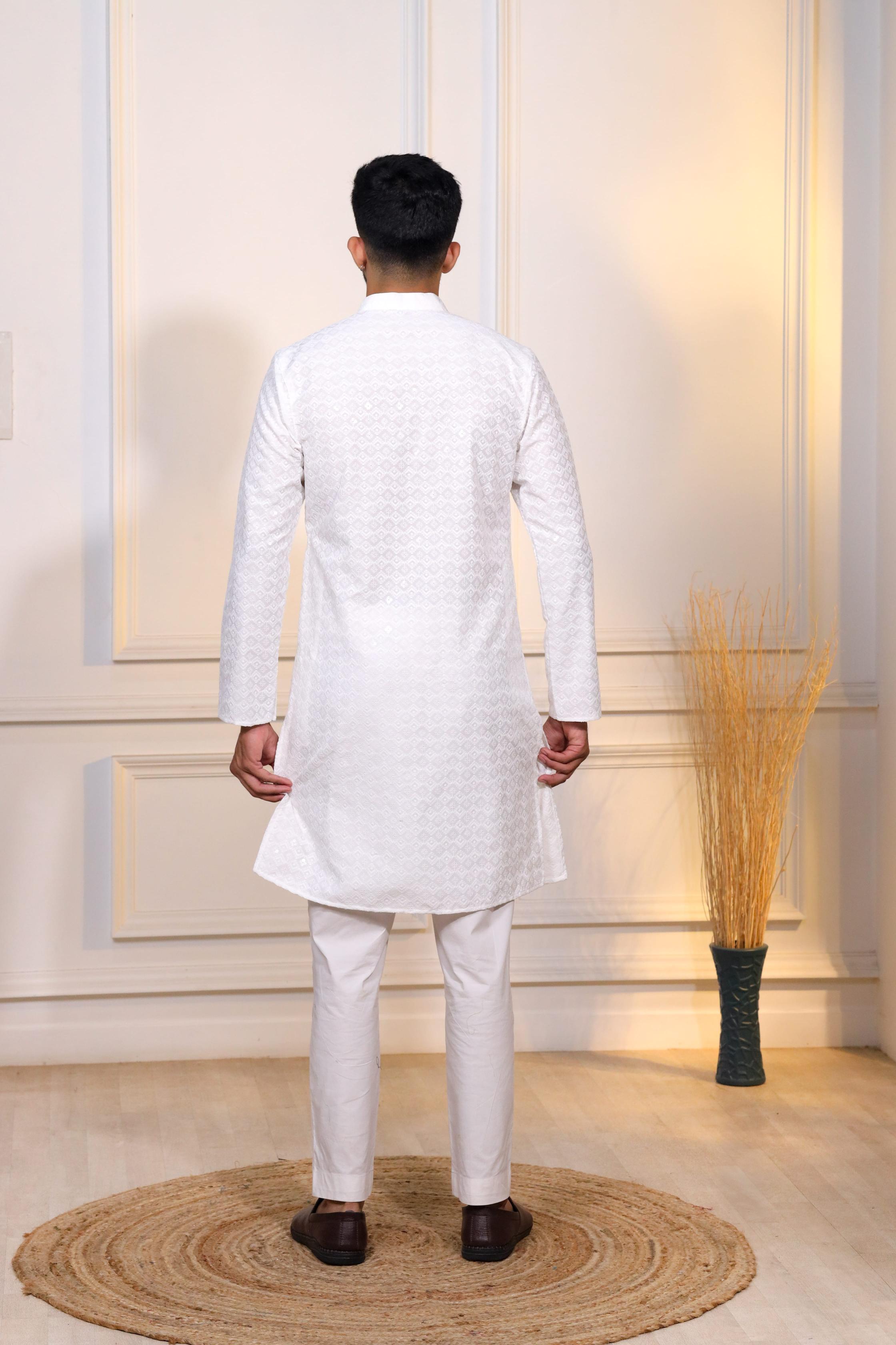White Art Silk Kurta Pyjama — alternate view