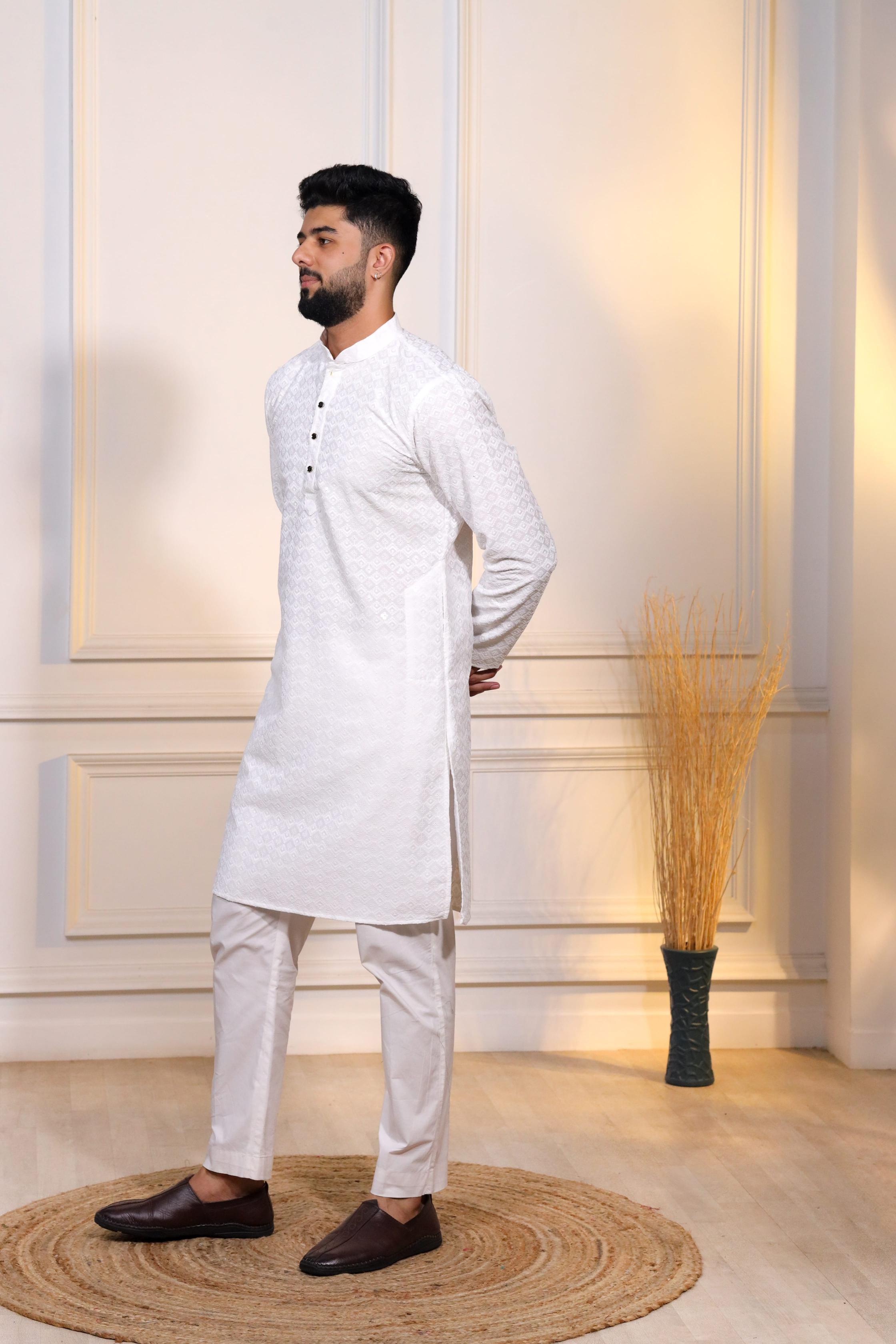 White Art Silk Kurta Pyjama