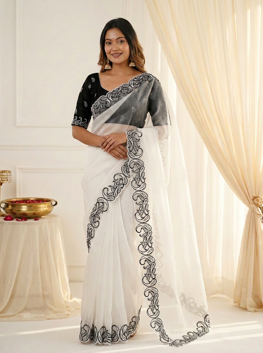 White Black Designer Crunchy Silk Saree — alternate view