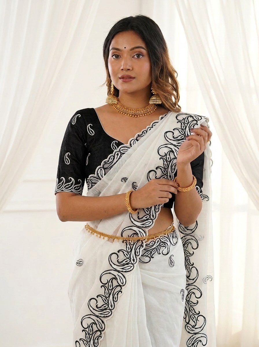 White Black Designer Crunchy Silk Saree