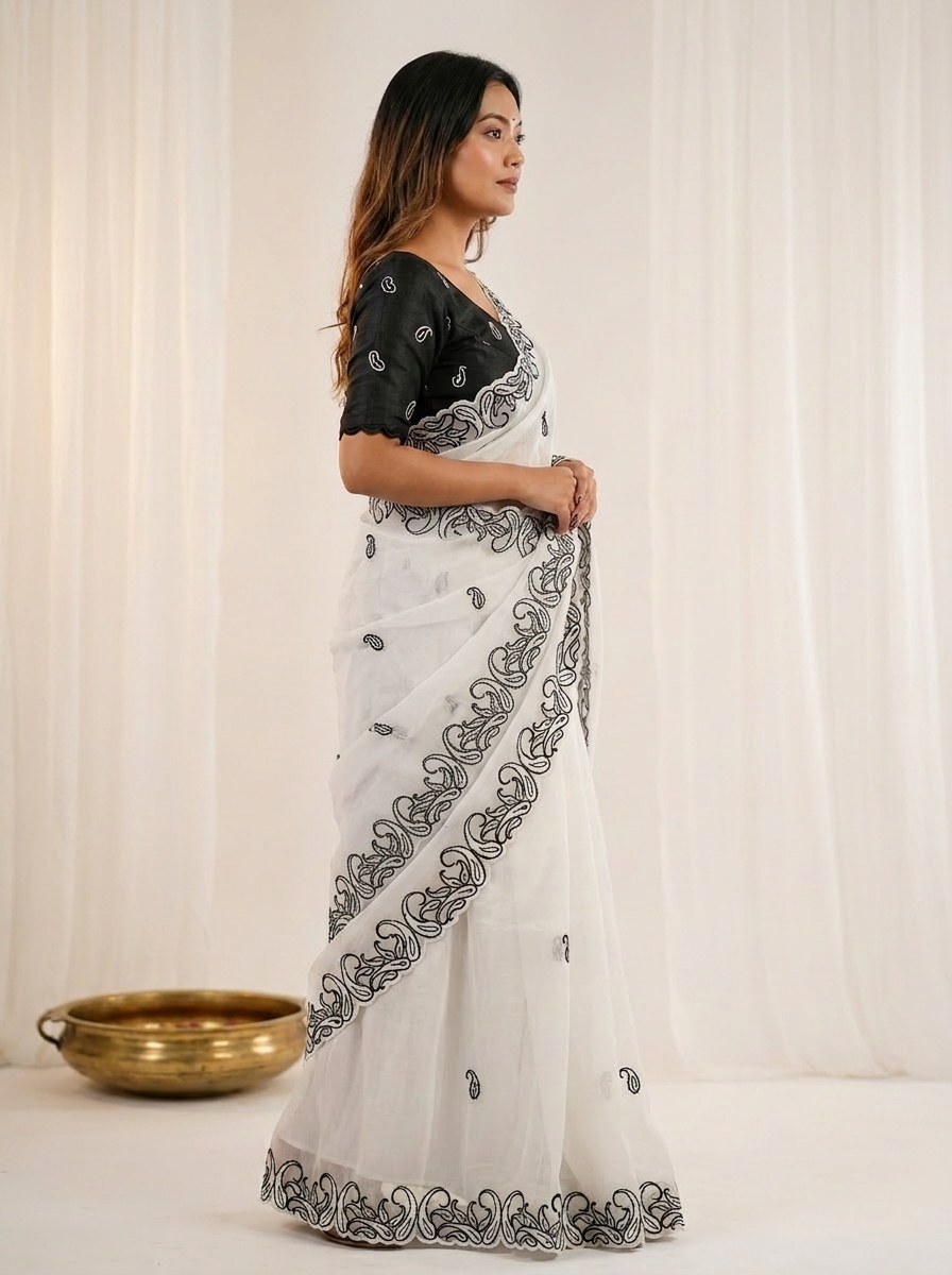 White Black Designer Crunchy Silk Saree