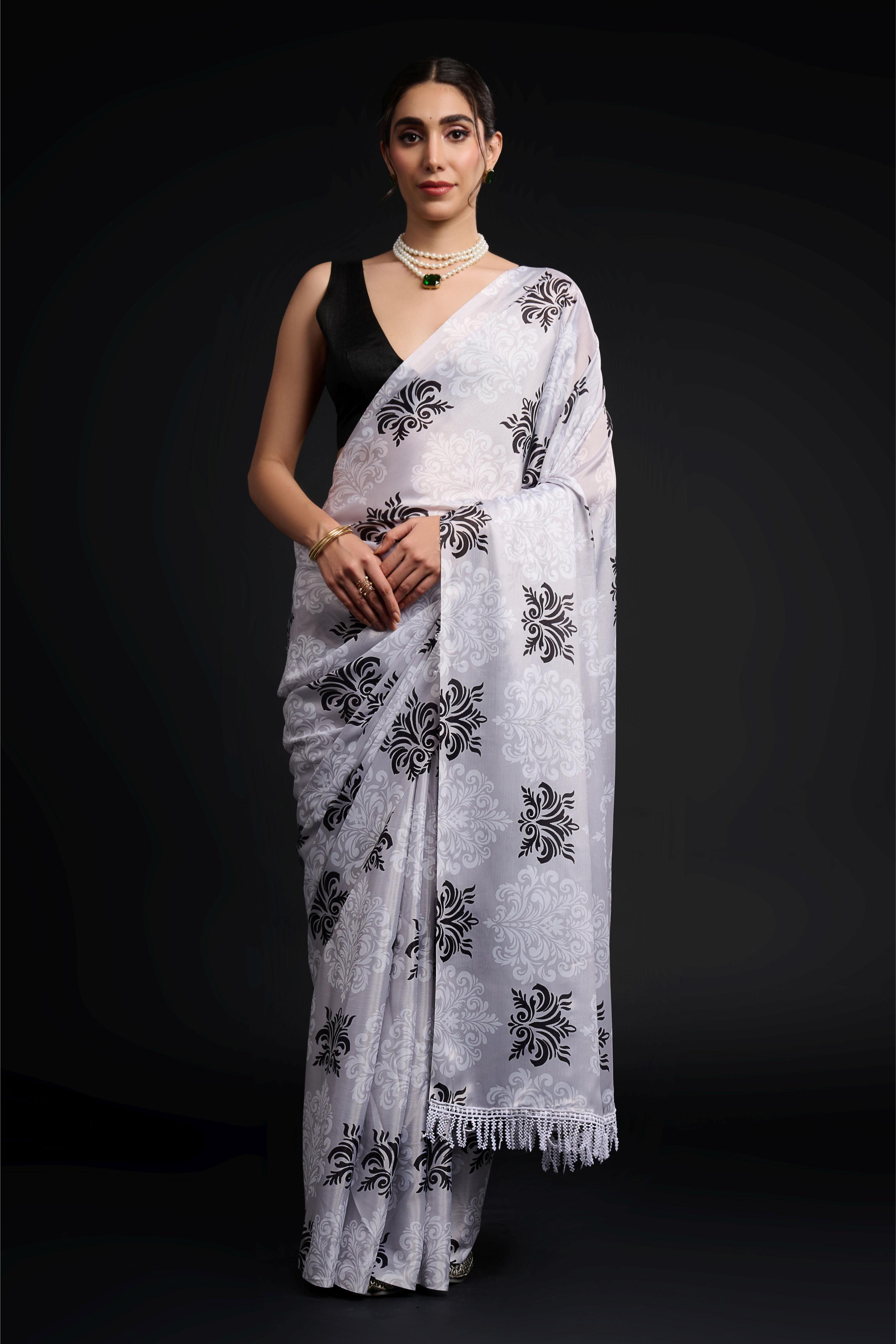 White Black Digital Printed Chinon Ready-to-Wear Saree