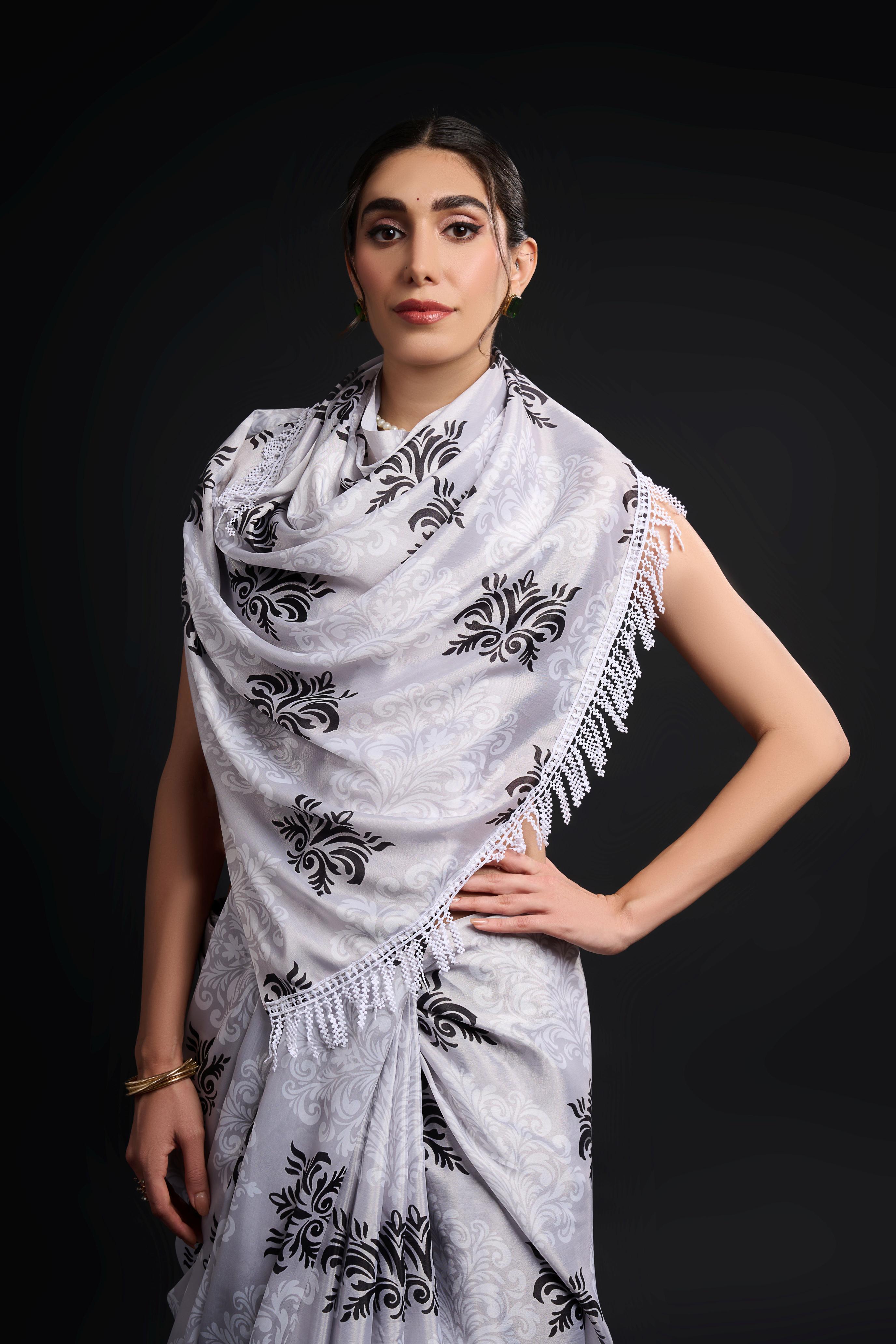 White Black Digital Printed Chinon Ready-to-Wear Saree — alternate view