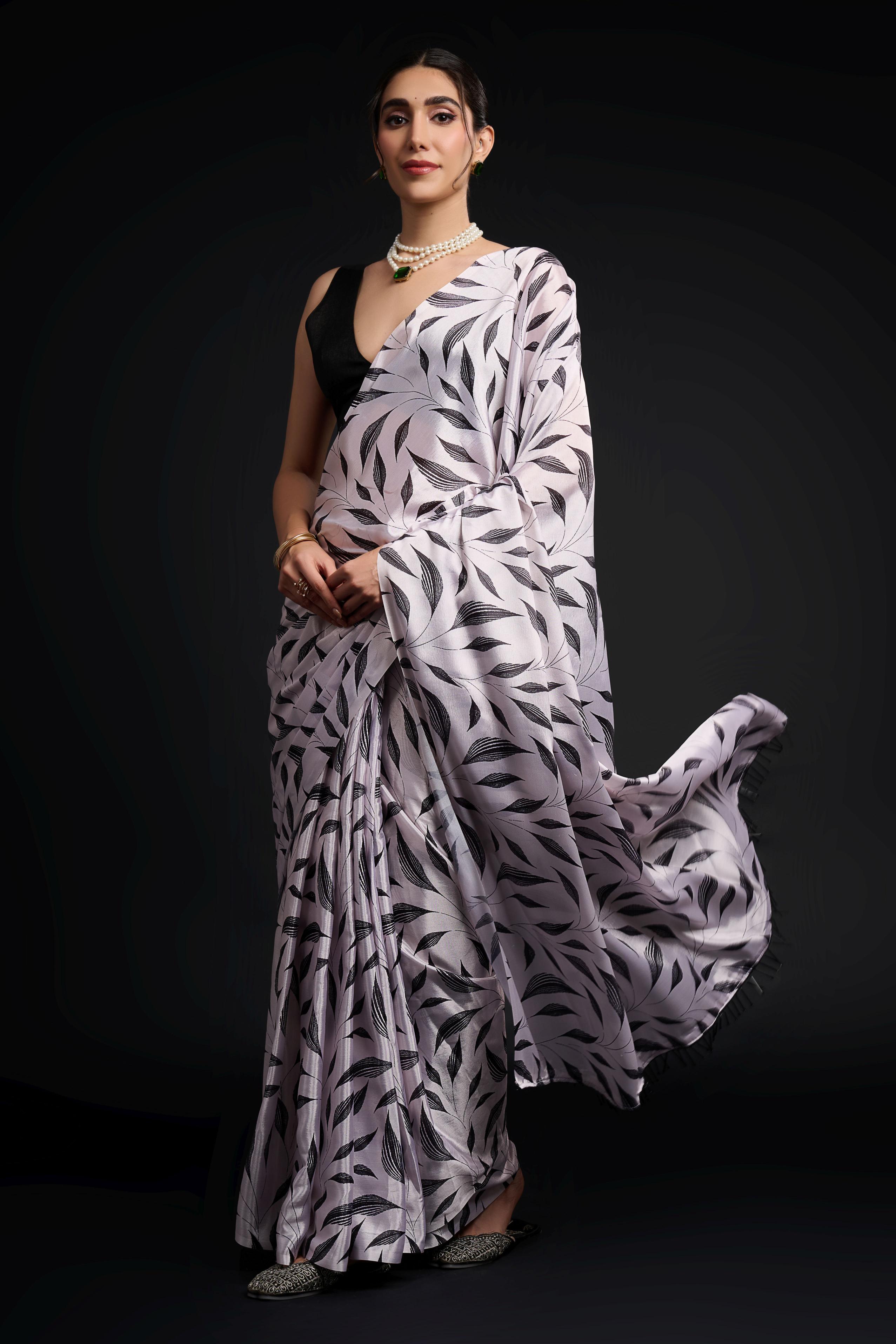 White Black Printed Chinon Ready-to-Wear Saree