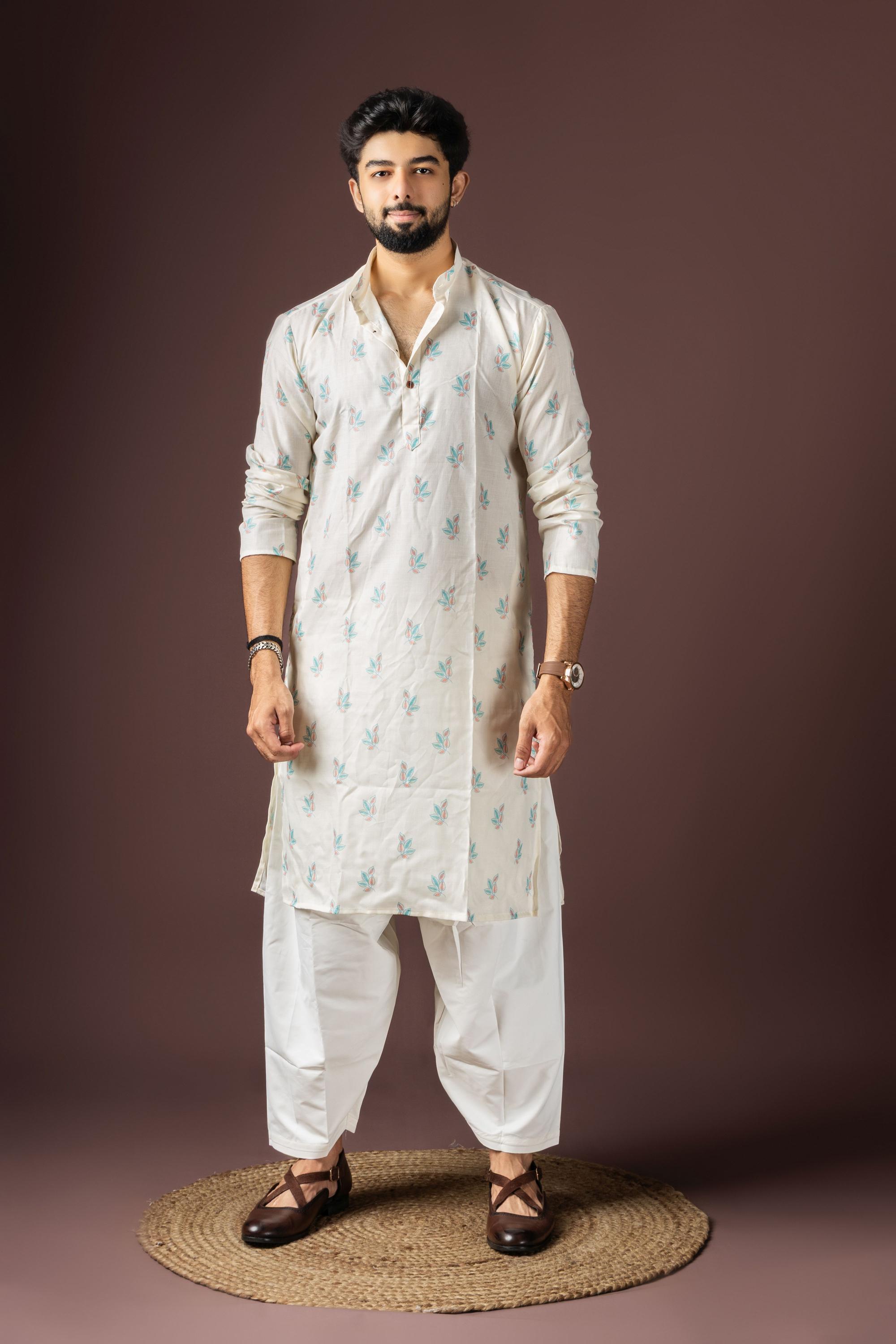 White Blended Cotton Kurta Pyjama