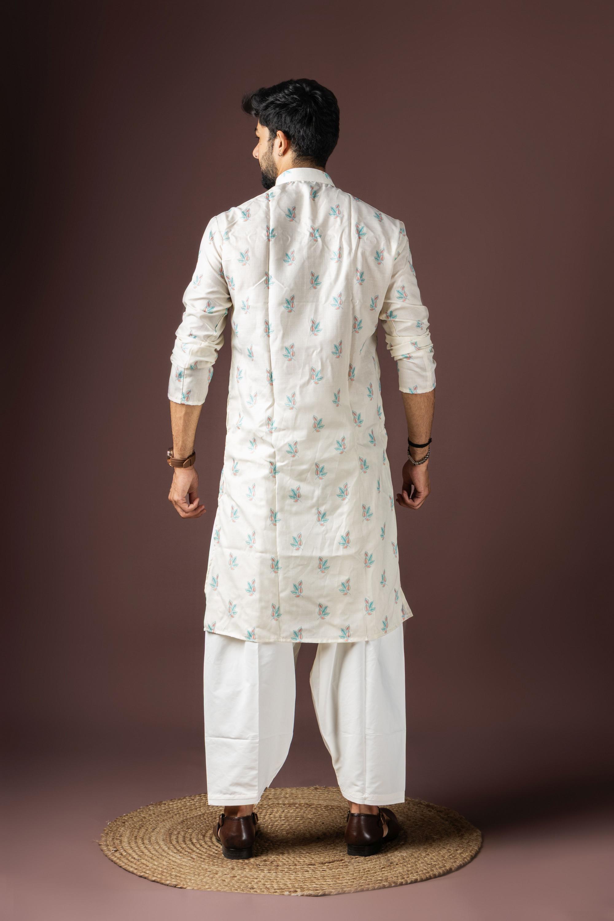 White Blended Cotton Kurta Pyjama — alternate view