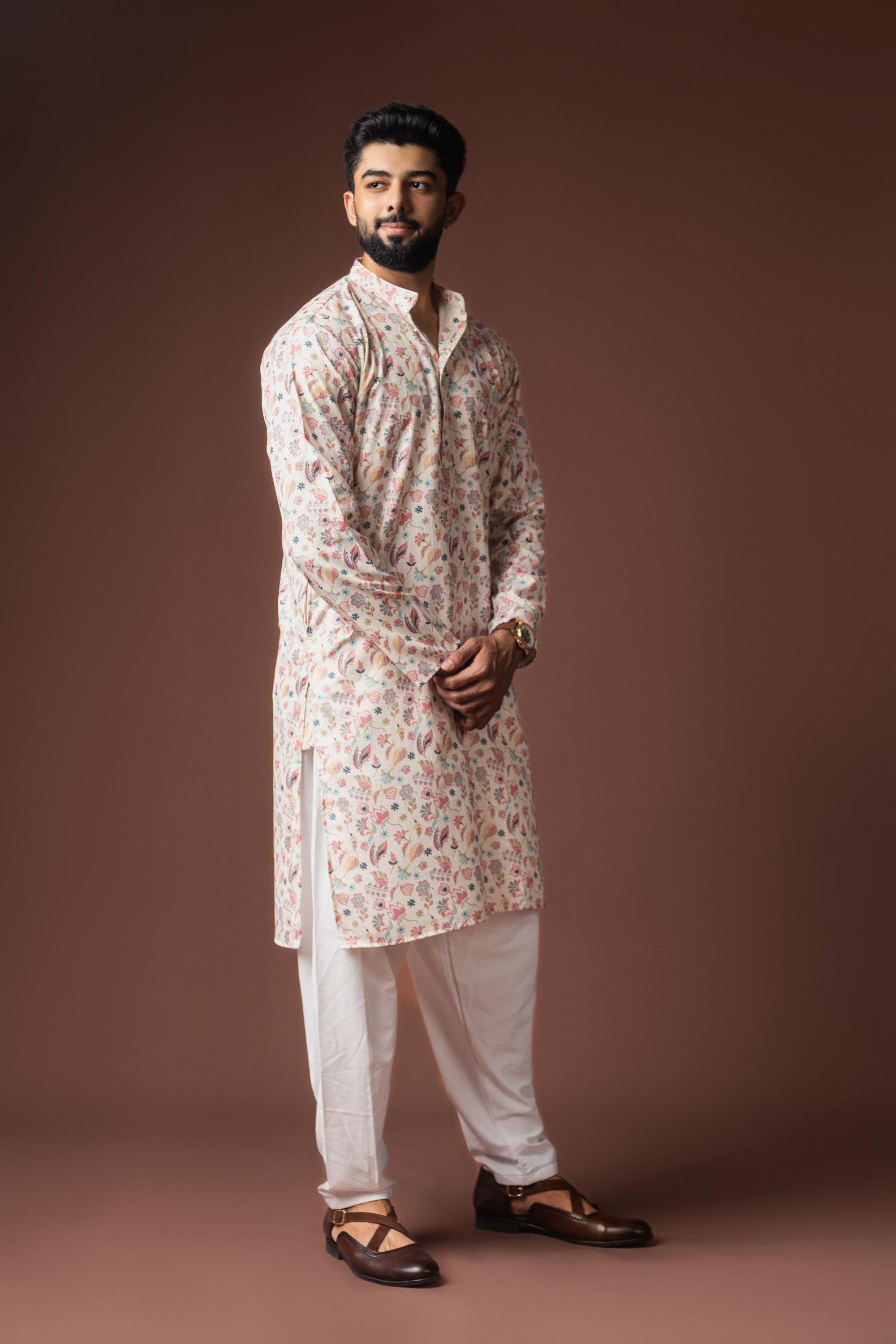 White Blended Linen Kurta Payjama